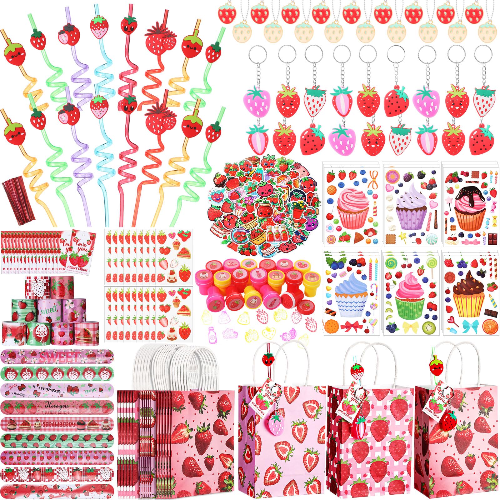 Landical 159 Pcs Cute Strawberry Party Favors Includes Gift Cup Straws Bracelets Stickers Temporary Tattoos Keychain Rings Stampers Pendant Cards for Baby Shower Theme 1st Birthday Decorations