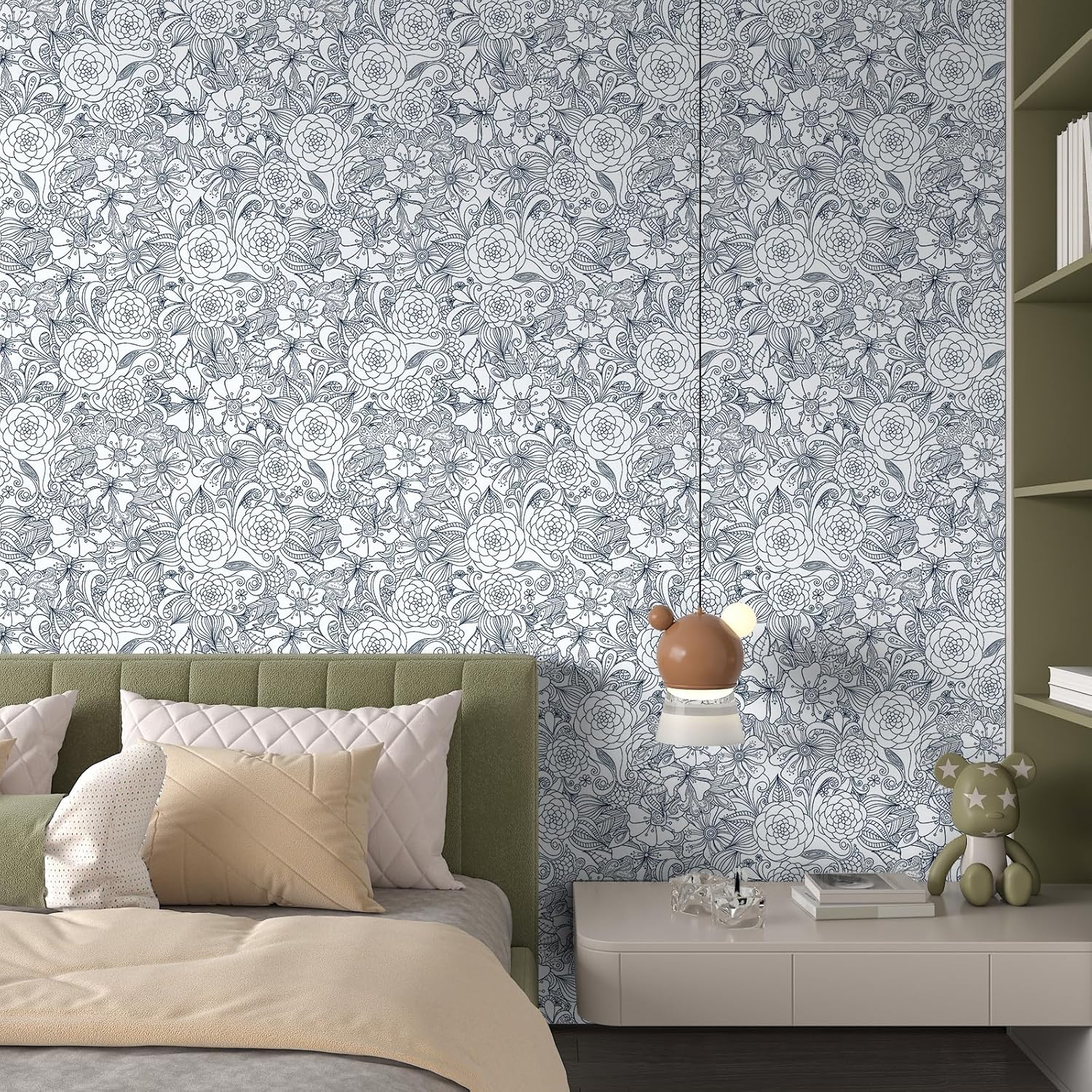CHIHUT Peel and Stick Paintable Wallpaper 17.7”x100” Black and White Floral Botanical Wallpaper Removable Waterproof Self Adhesive Floral Contact Paper for Furniture Refurbish Table Desk Wall Covering