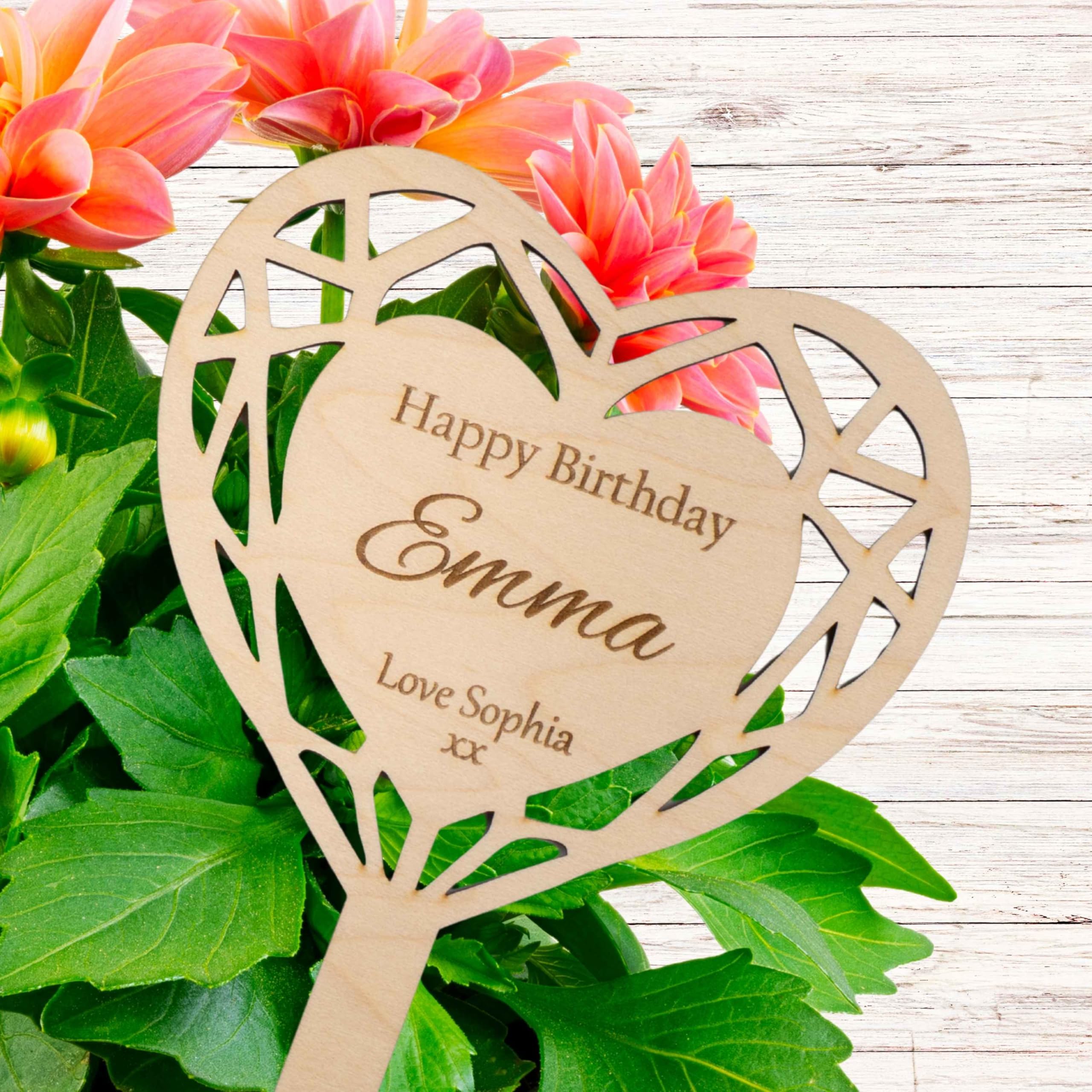 Joyforge The Perfect Finishing Touch for Birthday Plant Gifts – Personalised 'Happy Birthday' Wooden Plant Stake – Custom Engraved Sign to Elevate a Flower Pot Present