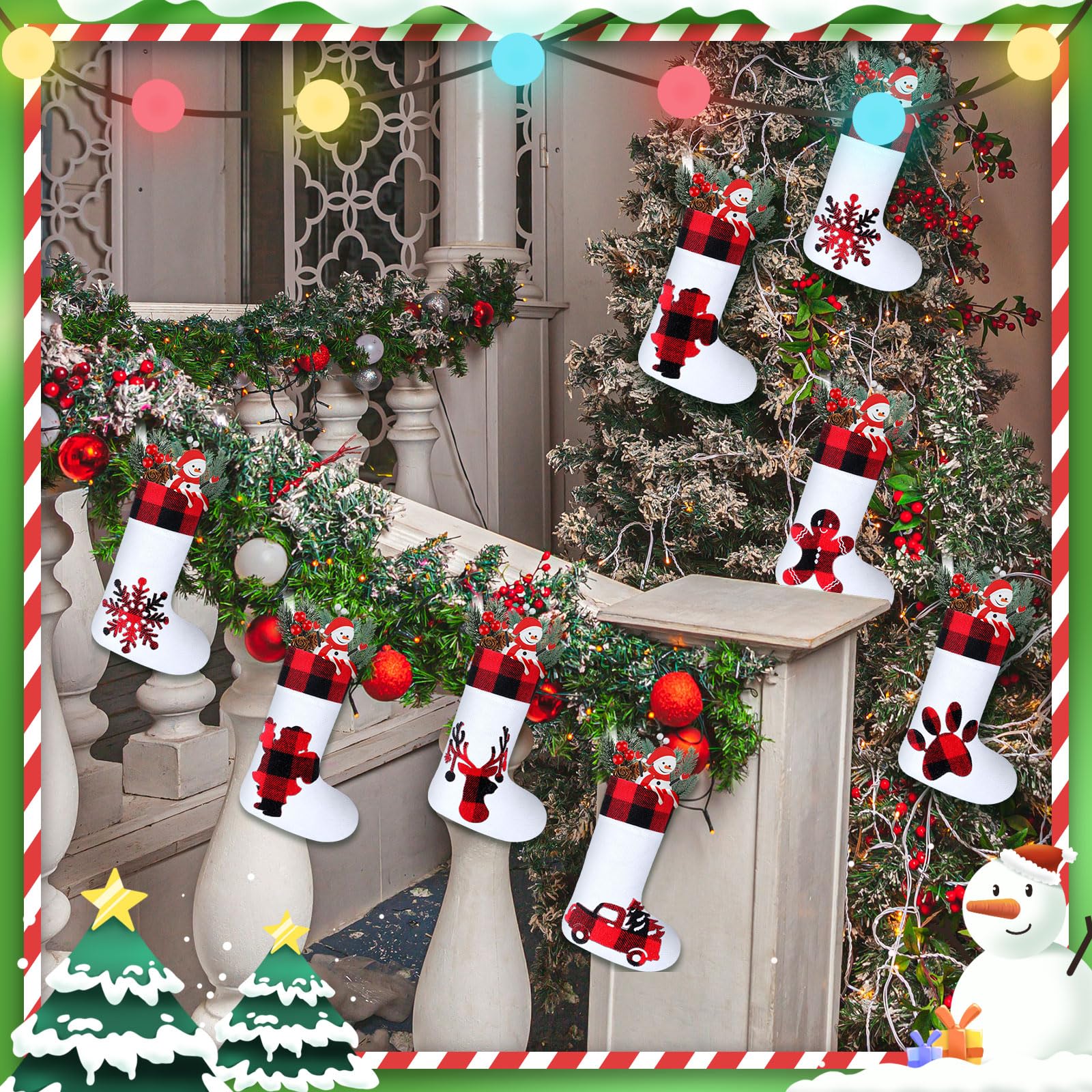 Skylety Lot de 24 chaussettes de Noël classiques à carreaux de buffle avec revers en peluche pour décoration de fête de famille, Noël, vacances (rouge noir manchette, blanc)