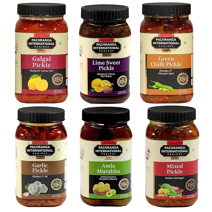 PACHRANGA International PIP (6 in 1) Combo Pack of (800gm)- Mixed Pickle, Galgal Pickle, Lime Sweet Pickle, Garlic Pickle, Green Chilli Pickle & Amla Murabba- 1kg