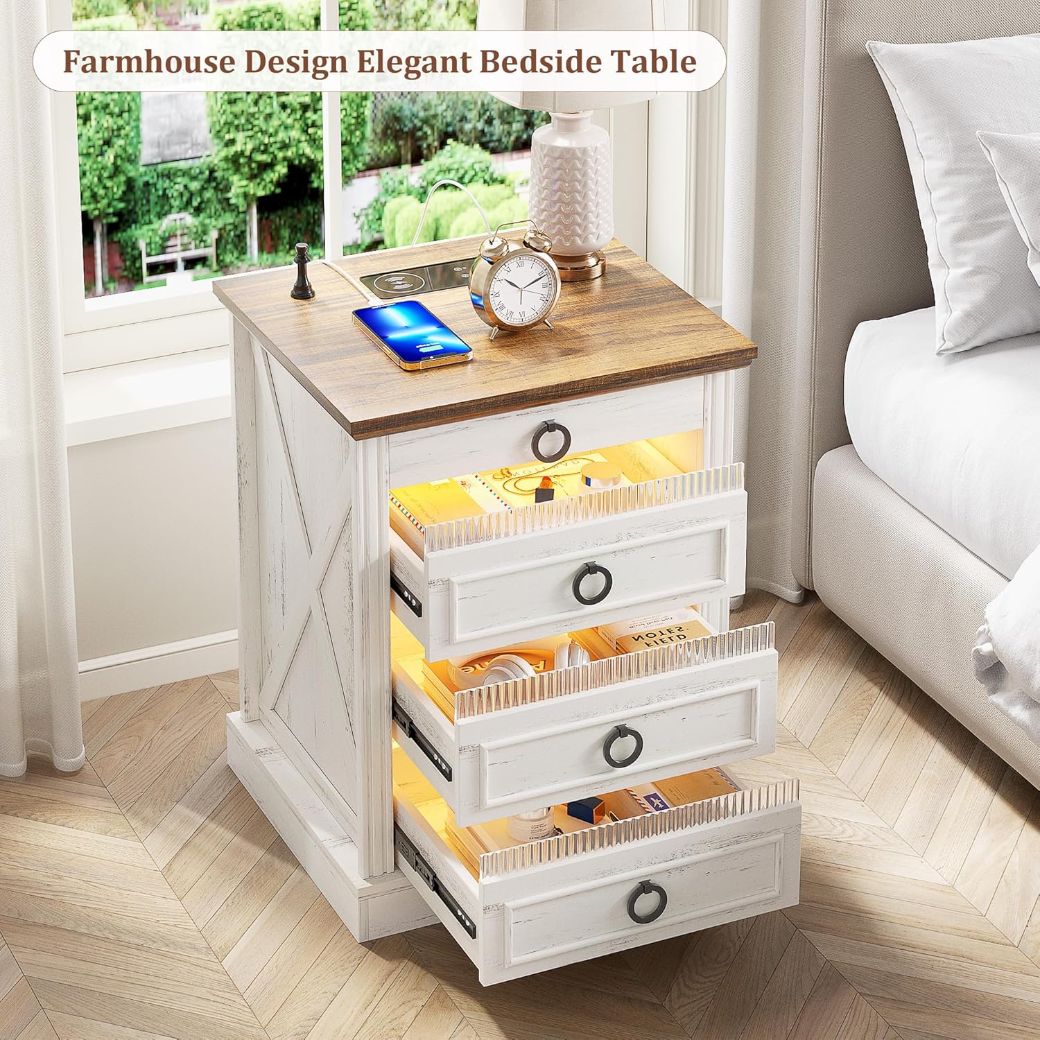 Farmhouse Night Stand Set 2 with Gun Drawer, Bedside Table with Charger Station, LED Nightstand with Human Sensor Light, Smart End Table for Bedroom Livingroom, Antique White