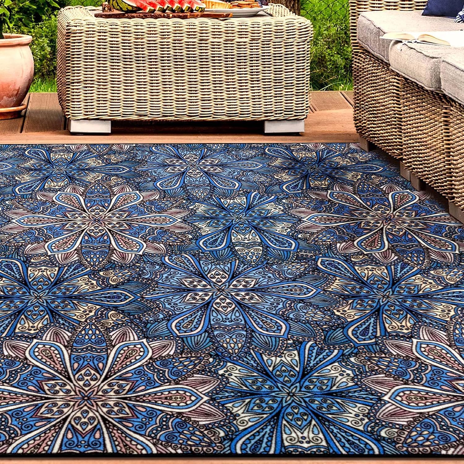 Superior Washable Indoor Area Rug, for Dining, Kitchen, Office, Modern Floor Decor, Soft Aesthetic Rugs, Bohemian Floral Indoor Rug, Cassidy Collection, 8' x 10', Blue