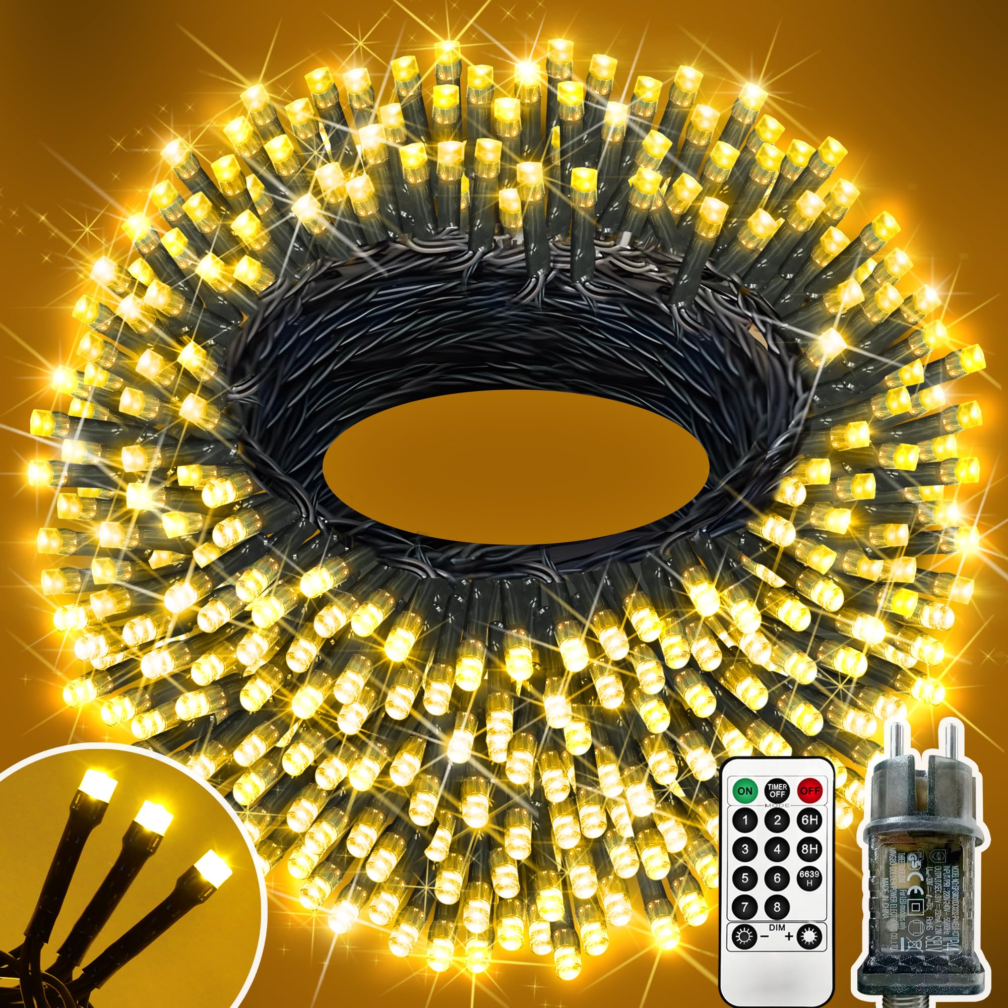 XURISEN 123M Lichterkette 1000 LED Warmweiß Dunkelgrün Weihnachtsbaum Timer 8 Modi IP44 Wasserdicht Fernbedienung für Garten Balkon Weihnachtsdekoration