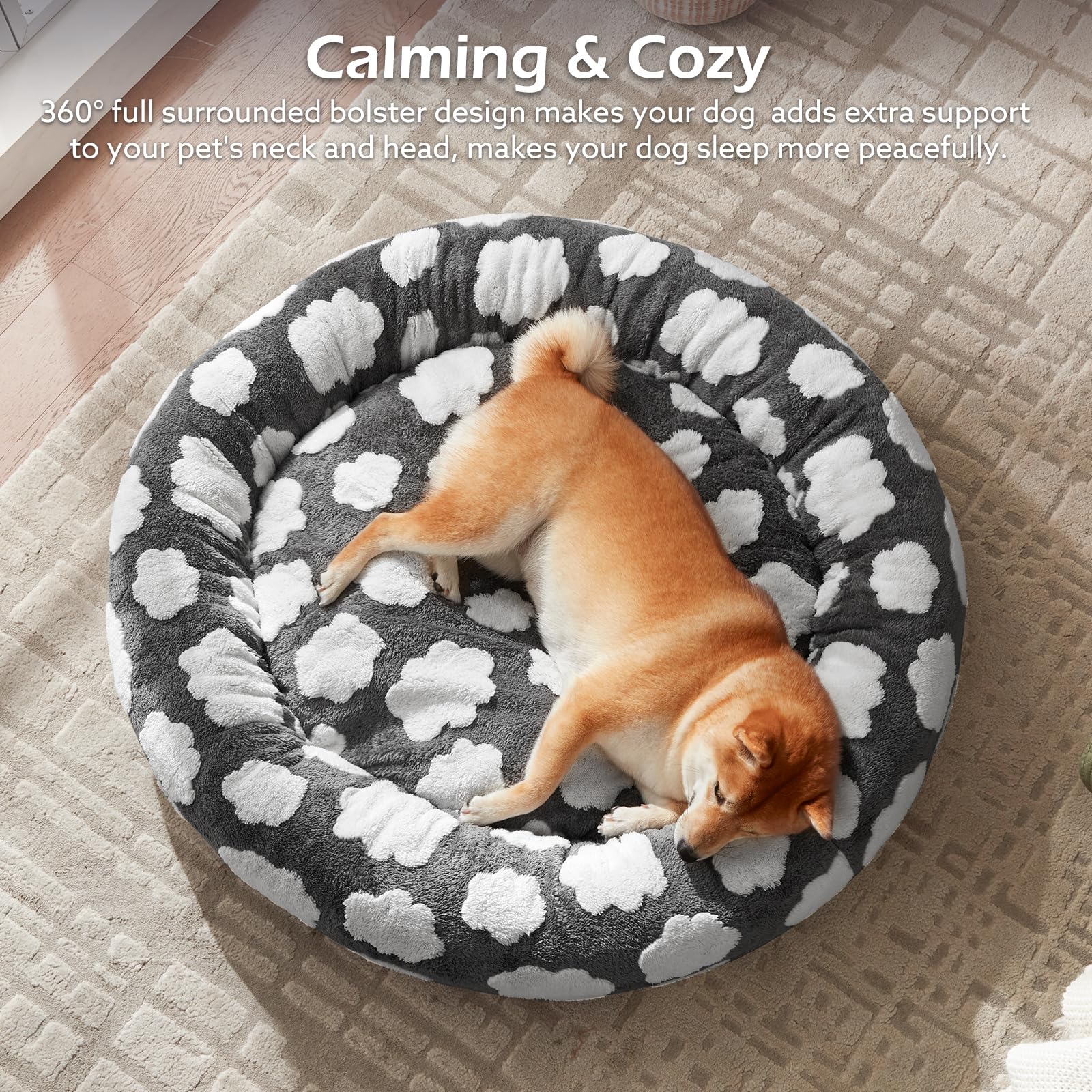 JOEJOY Letto per cani a ciambella di medie dimensioni, carino rotondo calmante letto per cani con copertura rimovibile lavabile, 76 cm, ortopedico con peluche jacquard a pelo lungo e fondo antiscivolo