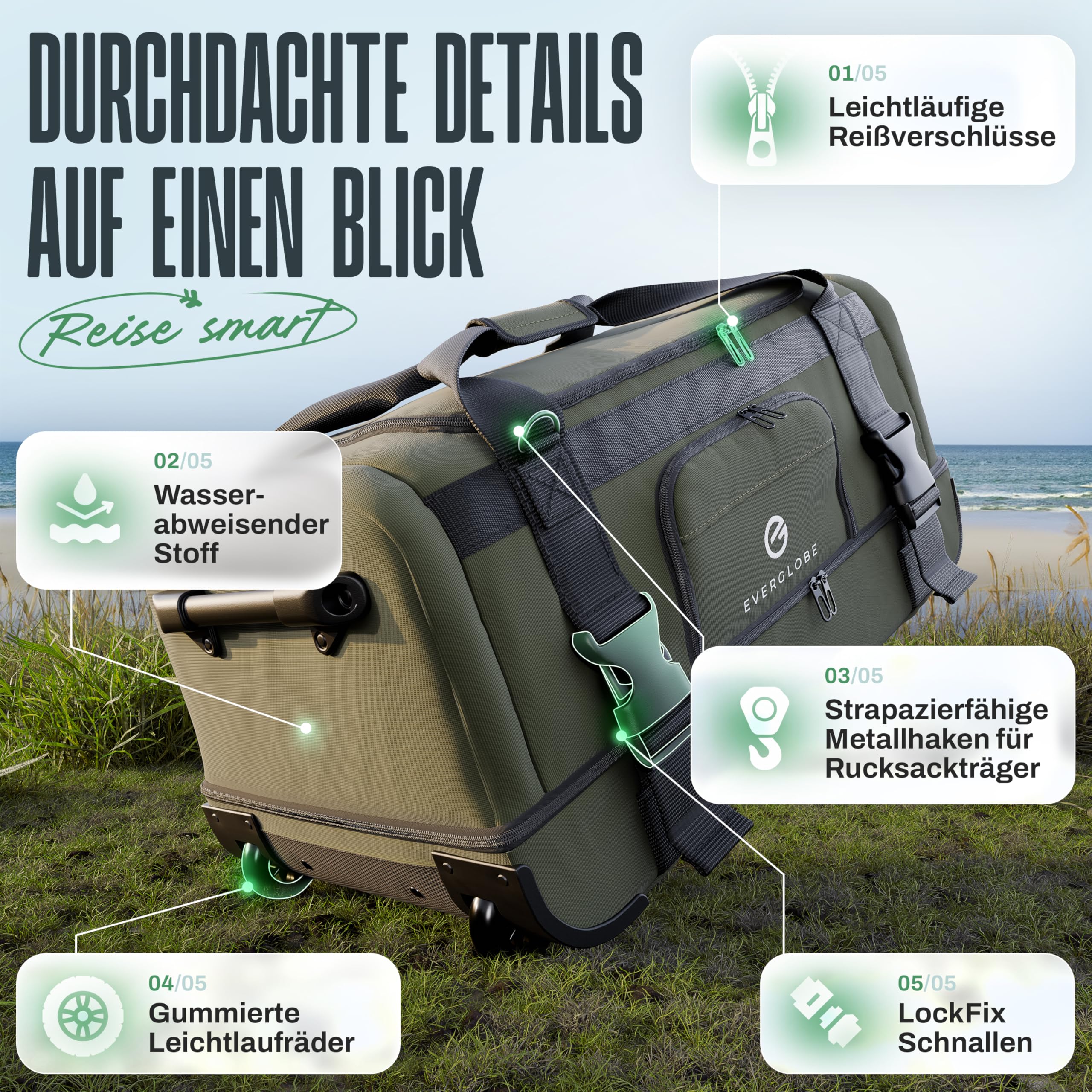 Reisetasche mit Rollen 120L Groß XXL [Khaki] 3in1 Luggage - Tasche, Trolley, Rucksack mit Rollen | Travel Bag, Reisetaschen für Herren & Damen, Reisetasche Herren | Rollkoffer oder Reise Tasche