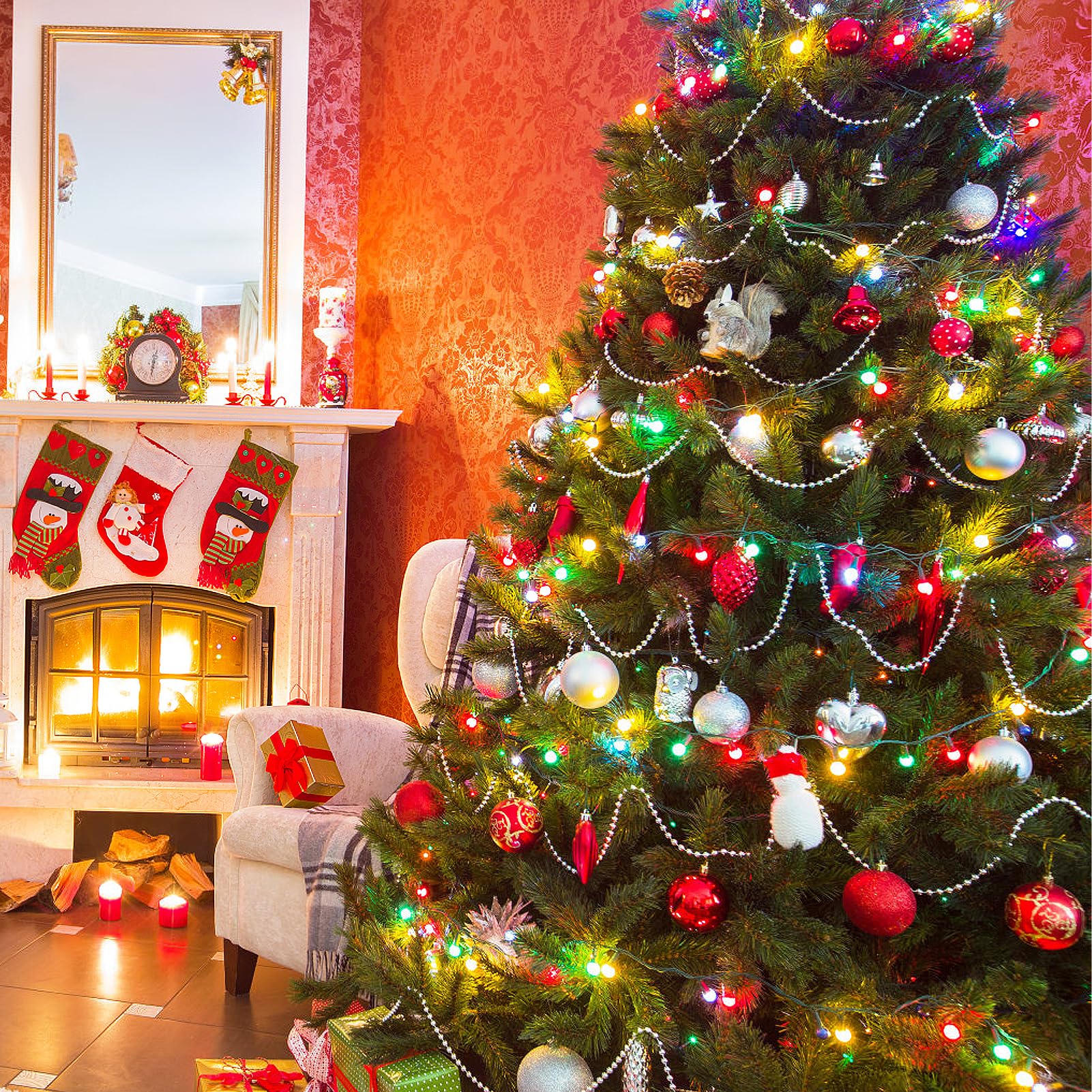 Weihnachtsbaum-Perlen, 15,2 m, Weihnachtsbaum-Girlande, künstliche Perlen, silberfarbene Kunststoff-Perlen-Girlande für Weihnachtsbaum, drinnen und draußen, Heim-Party-Dekorationen
