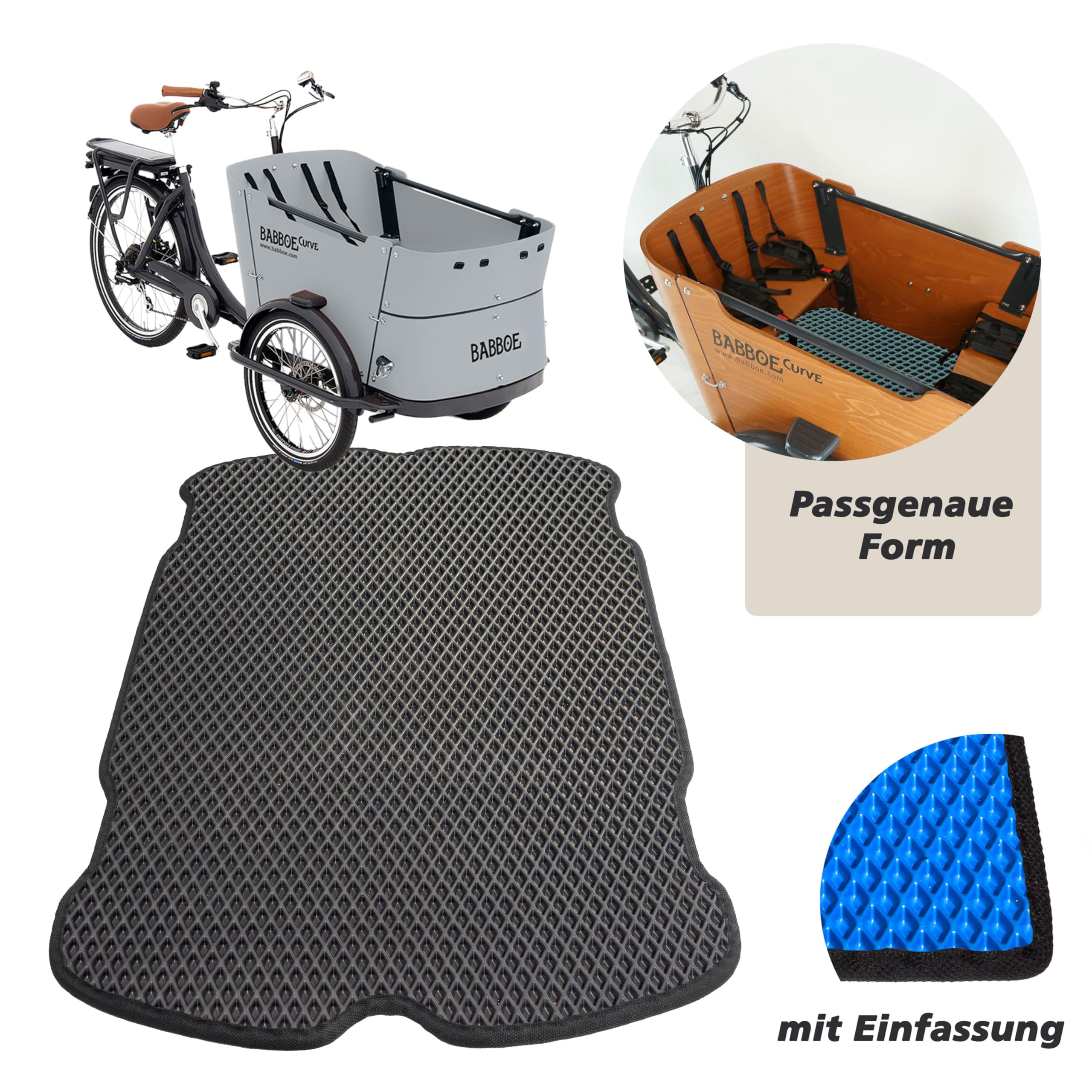 Premium Schutzmatte für Babboe Curve | Lastenrad Fußmatten Teppiche | Lastenrad Zubehör | mit Einfassung | Farbe Schwarz