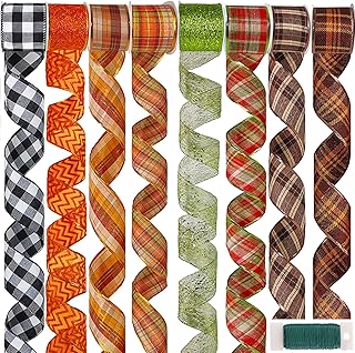 Winlyn 8 Rolls 48 Yards Assorted Fall Plaid Wired Ribbons Buffalo Check Ribbon Glittered Random Fiber Mesh Wired Ribbon Bows Craft Trim Ribbons 2.5" Wide for Holiday Fall Wedding Gift Wrapping Wreath
