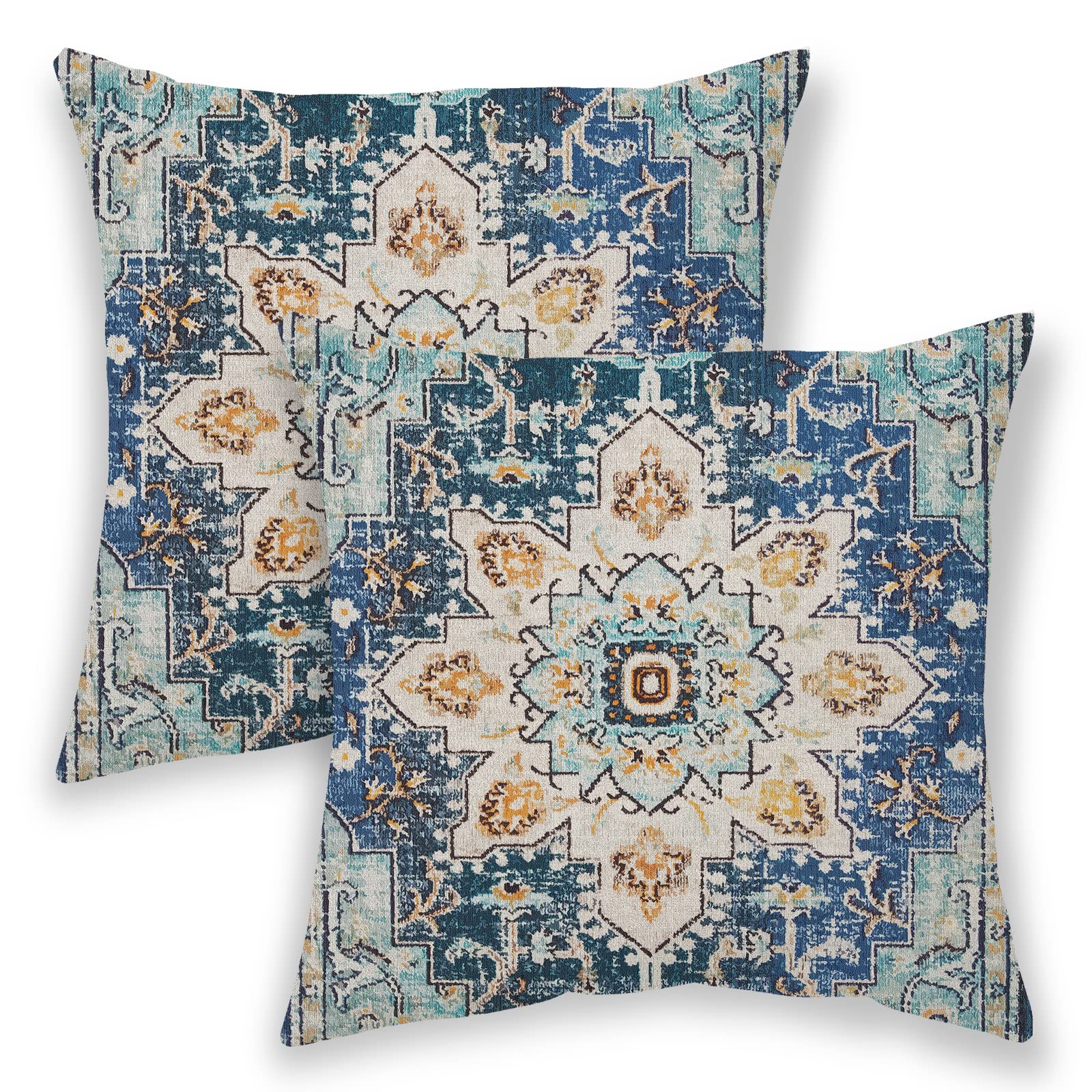BETGINY Boho Pillow Covers 18x18, Blue and Teal Ethnic Design Outdoor Decorative Throw Pillows for Couch, Carpet Pattern Decor Cushion Cover 2 Pcs