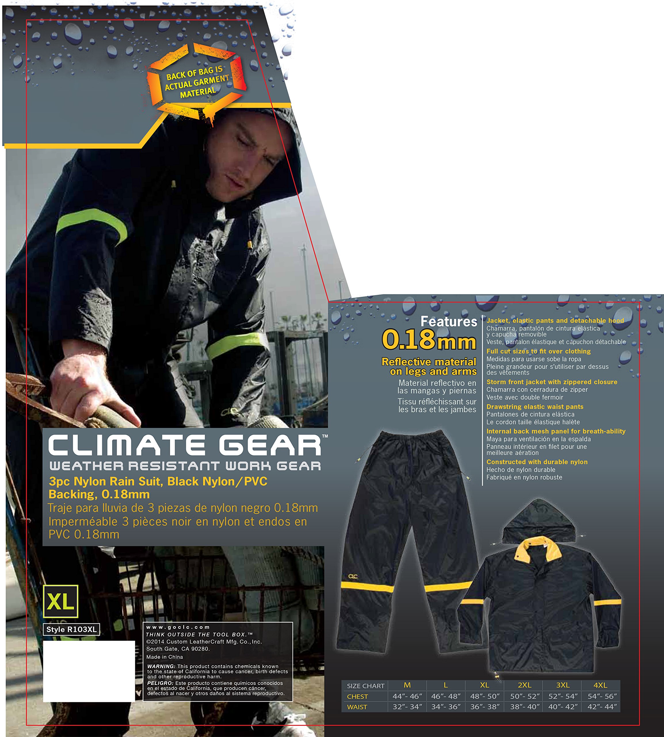 Clc Custom Leathercraft Rain Wear R1032x Black Nylon Piece