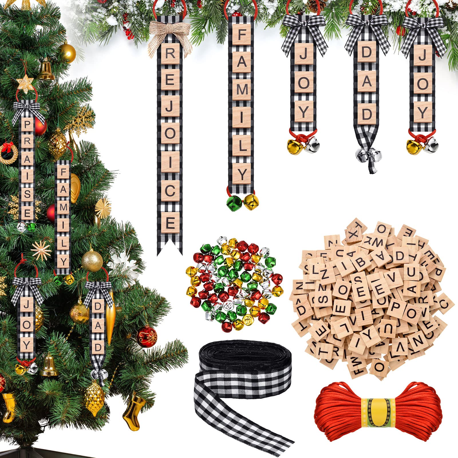 Décorations de Noël personnalisées à lettres majuscules et rubans graphiques
