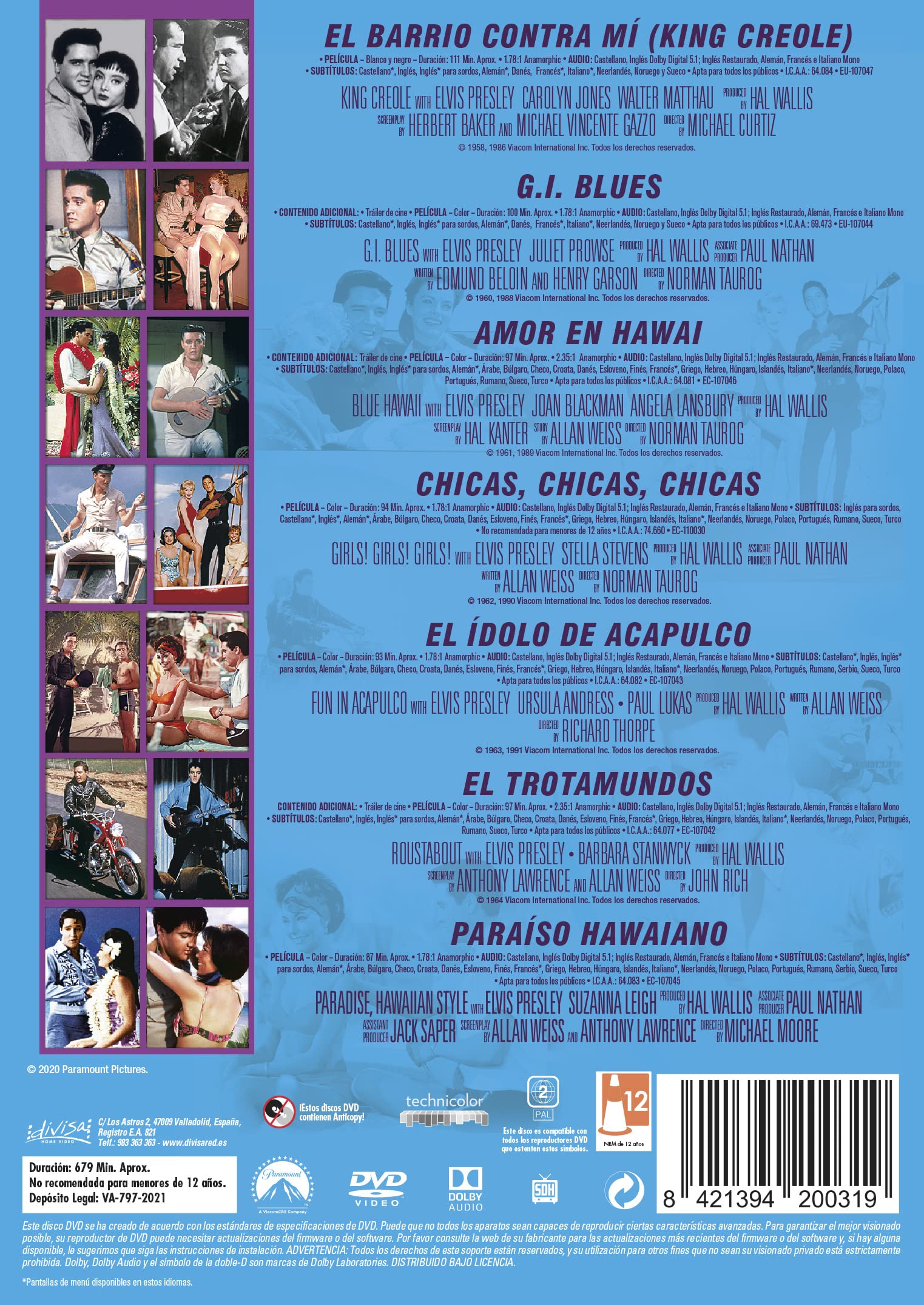 Elvis Presley (DVD) Pack 7 peliculas: El Barrio contra mi (King Creole) / GI Blues / Amor en Hawai / Chicas, Chicas, Chicas / El Idolo de Acapulco / El Trotamundos / Paraiso Hawaiano
