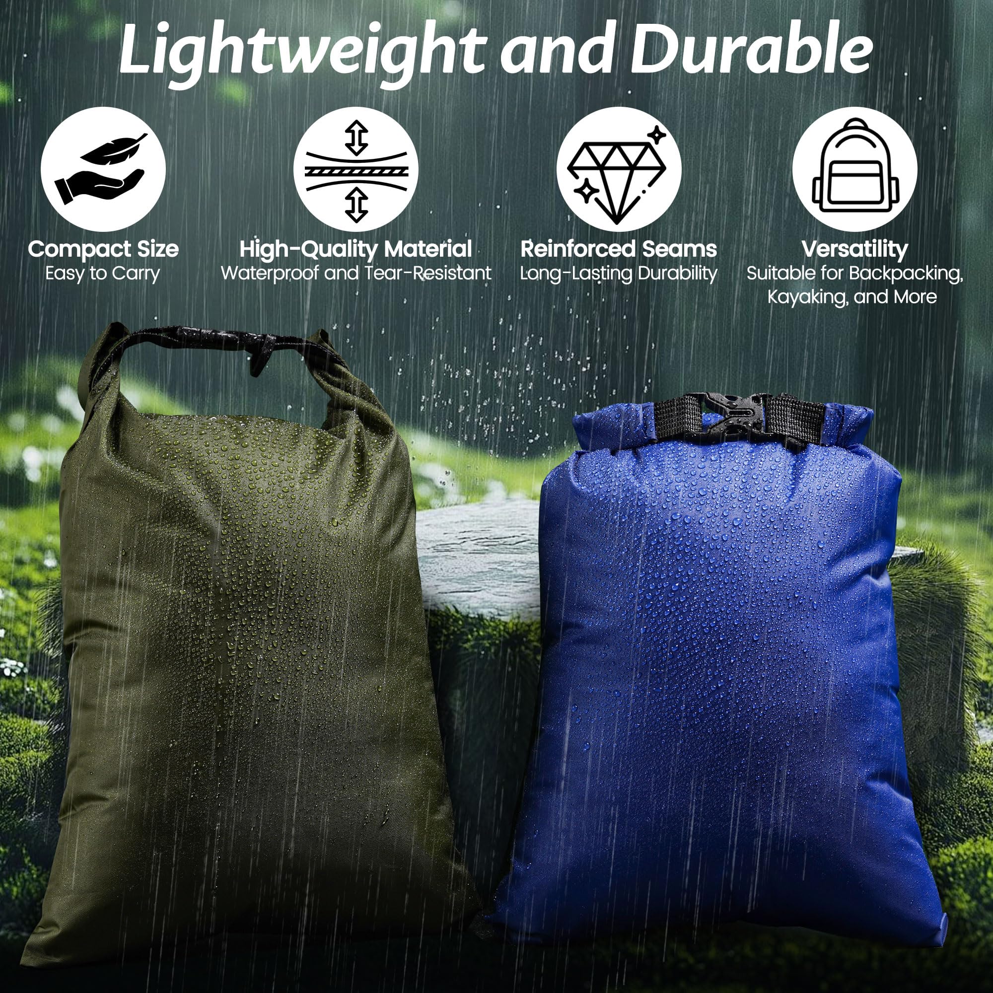 Set de 6 Sacs étanches – 1,5L, 2,5L, 3L, 3,5L, 5L, 8L Pochette Étanche | Idéal pour le stockage étanche en extérieur, les sports nautiques & le camping | Léger & Résistant