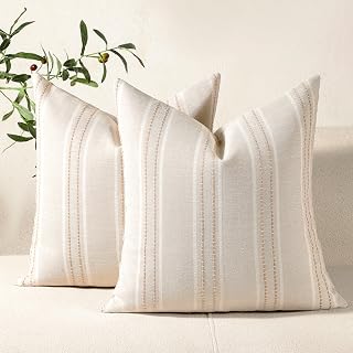 Hckot Handmade Linen Striped Throw Pillow Covers 22x22 Set of 2 Khaki - Farmhouse Decor for Sofa Couch Bed Indoor Outdoor