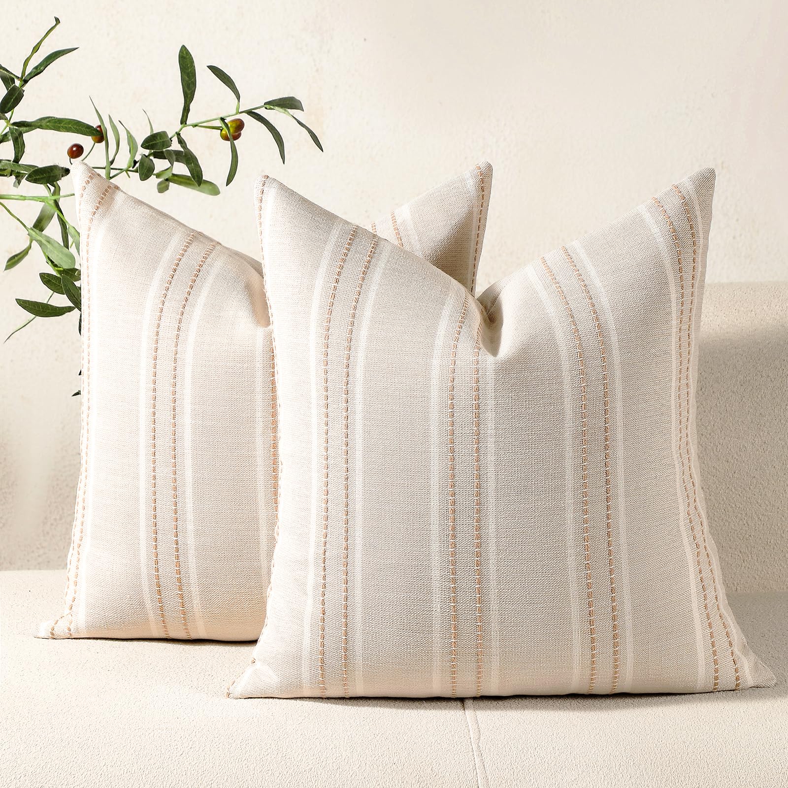 Hckot Hand Made Throw Pillow Covers 22x22 Set of 2 Striped Pillow Covers Linen Decorative Pillows Square Cushion Covers for Sofa Couch Bed Living Room