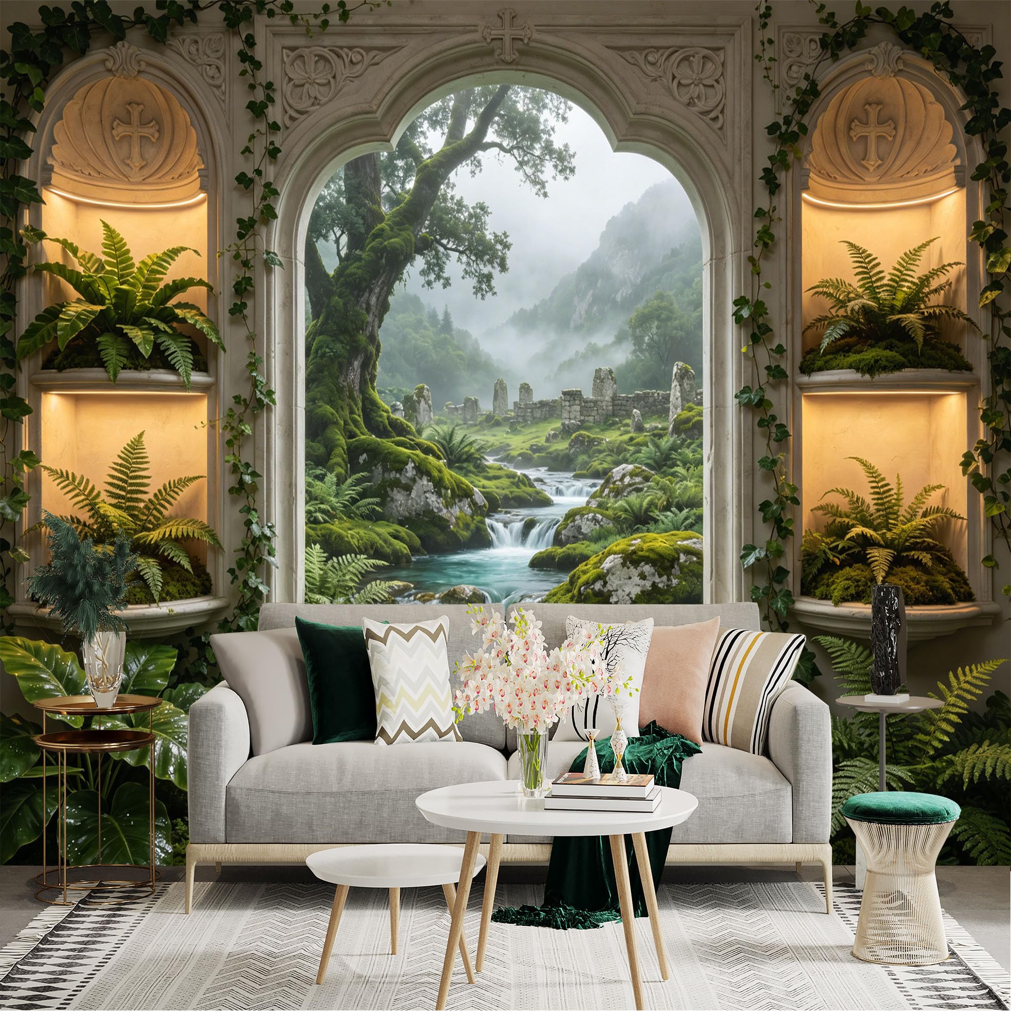 Lnzczhyre Dbh260521298 Custom Size Wall Sticker Mural， Enchanted Mossy Forest Stream， Ancient Stone Ruins， Lush Ferns And Ivy， Dreamy Woodland View， For Wall Decoration， Peelandstick Wall Decals.