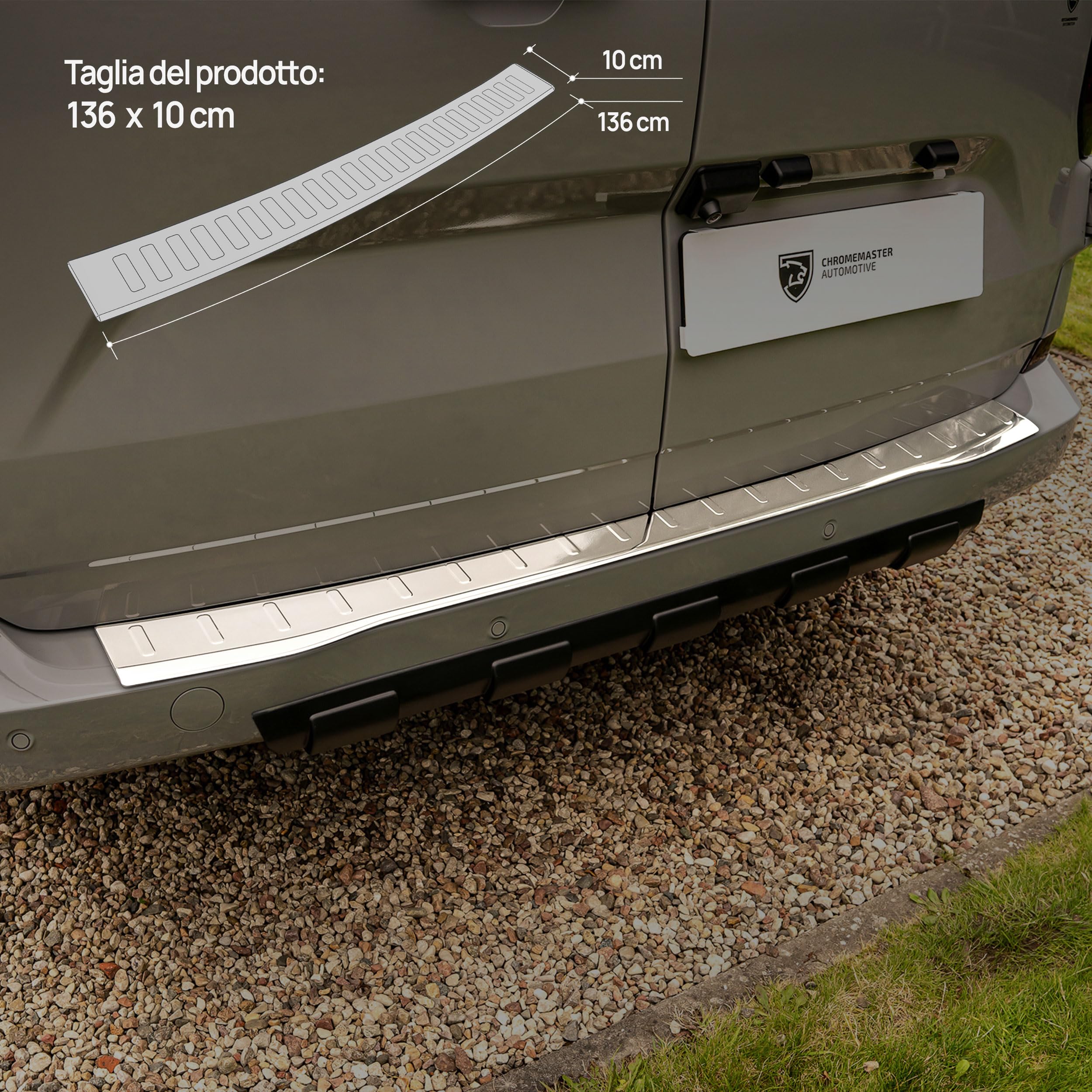 CHROMEMASTER | Protezione Paraurti Posteriore Compatibile con Ford Tourneo Custom 2023+; Acciaio inossidabile, Lucidato, Cromo; Proteggi il Paraurti Posteriore della tua Auto dai Danni
