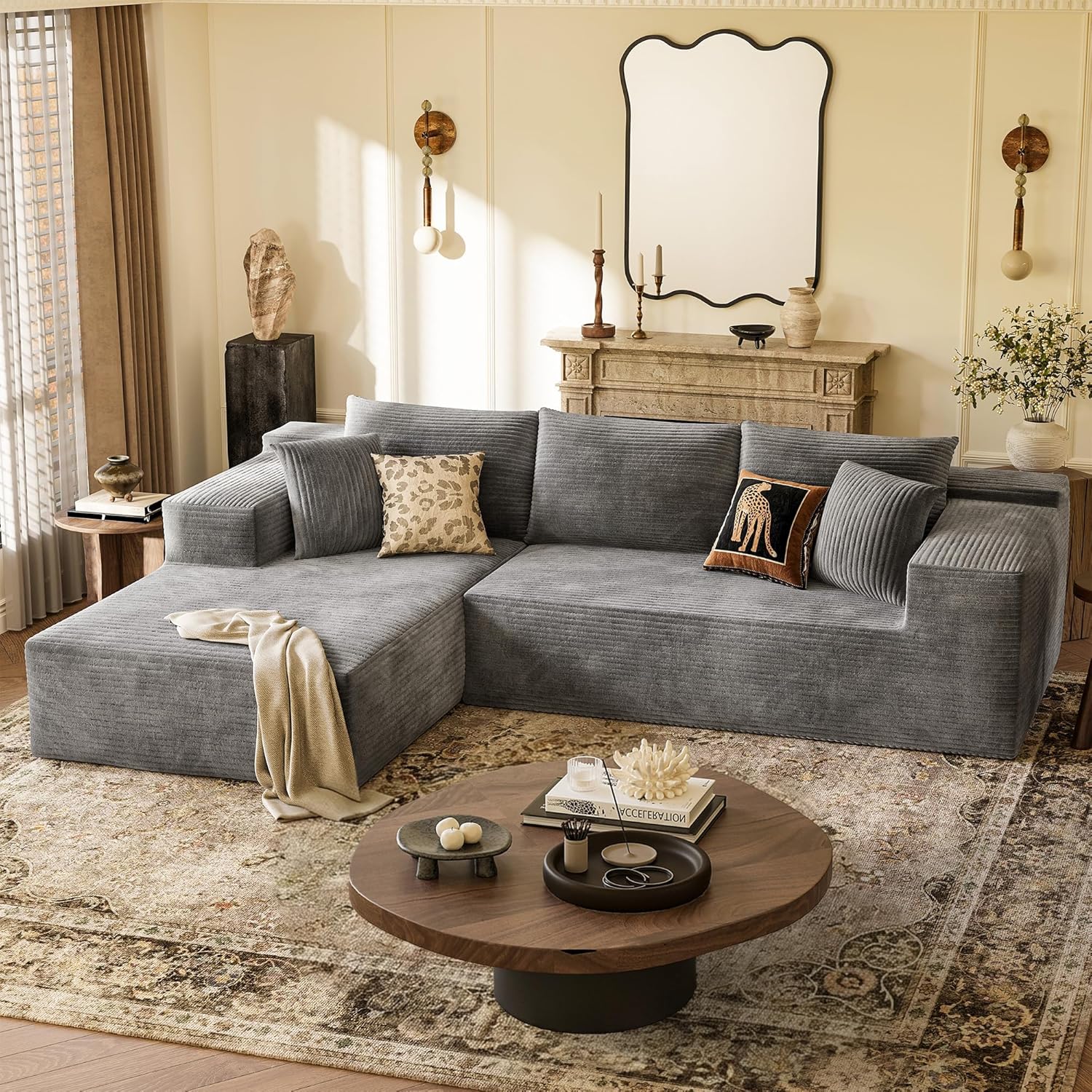 YESHOMY Boneless Couches for Living Room, 108" Sectional Modular Sectional Sofa with Deep Seat, Cloud Comfy Couch with L-Shape Chaise, Easy Assembly (Corduroy, Gray)