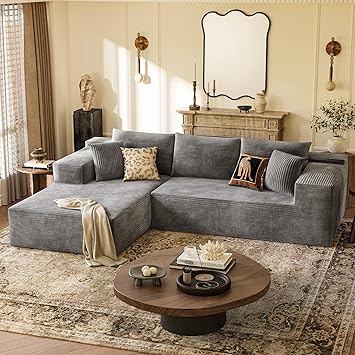YESHOMY Boneless Couches for Living Room, 108" Sectional Modular Sectional Sofa with Deep Seat, Cloud Comfy Couch with L-Shape Chaise, Easy Assembly Corduroy, Gray