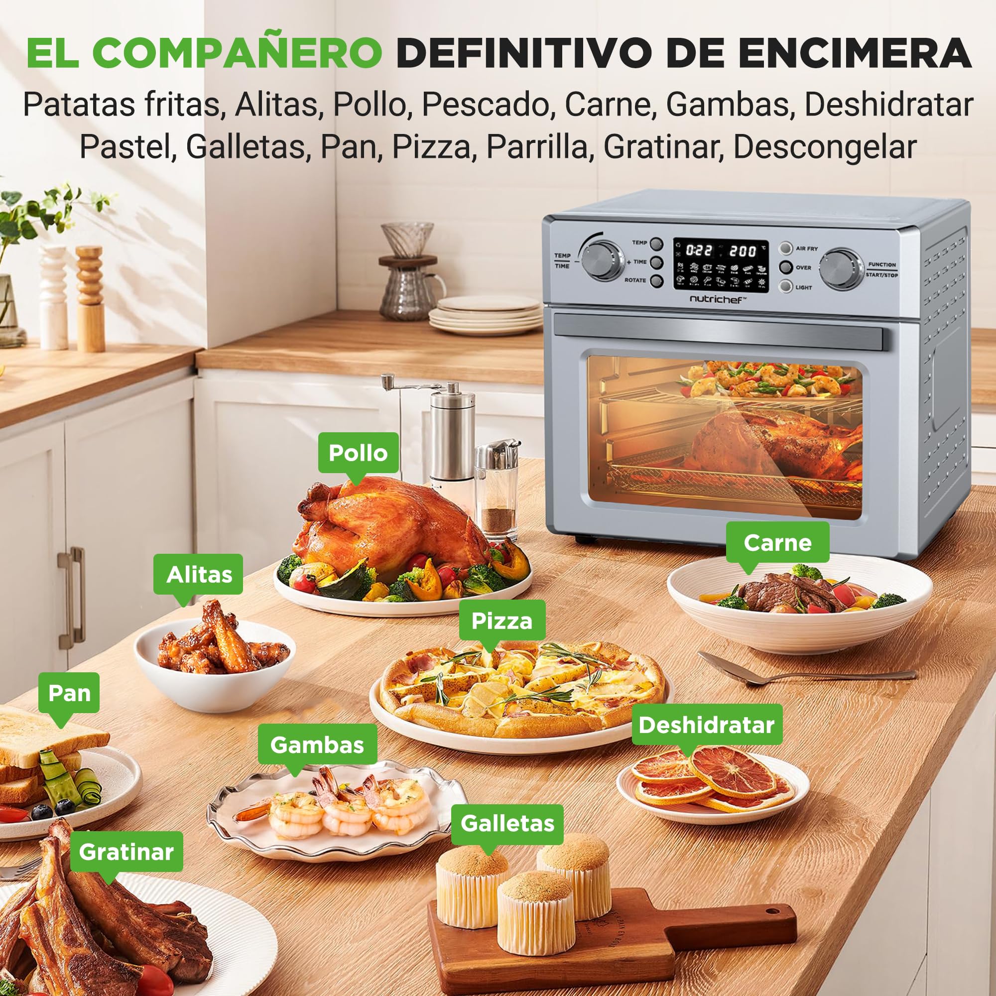 Nutrichef freidora aire, Air fryer, 26L, Horno, Electrico, 10 funciones automaticas, Incluye Bandeja recolectora, canasta para freír y rejilla para hornear