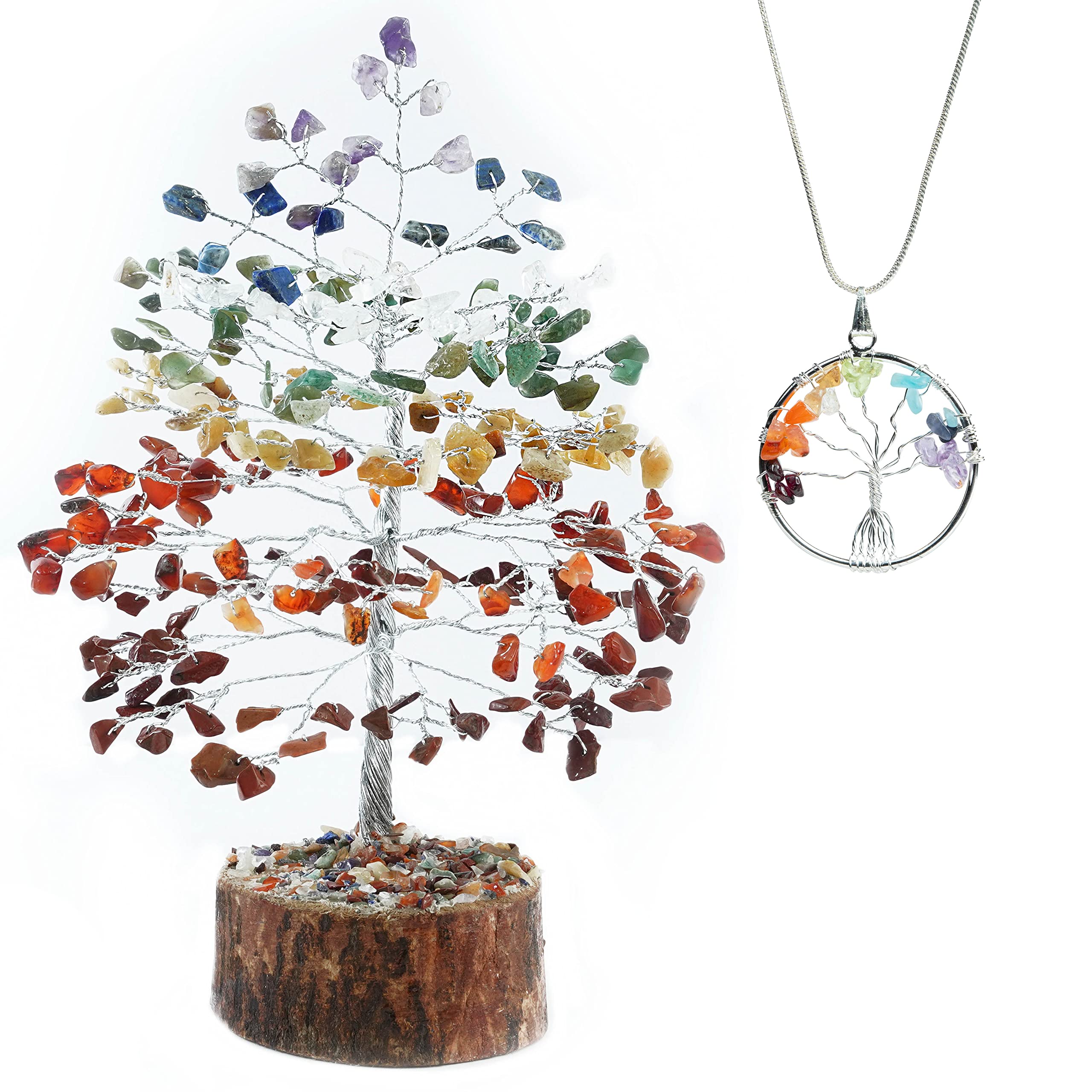 Cartbug Seven Chakra Tree for Positive Energy Crystal Gems Home Decor Tree for Reiki Healing with 7 Chakra Tree of Life Pendant Bonsai Feng Shui Tree Meditation Gift Size 10 Inch (Silver Wire)