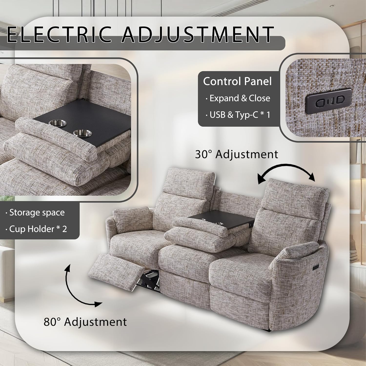 3-Seat Power Recliner Sofa with Adjustable Footrests, 2 Built-in Cup Holders, USB & Type-C Charging Ports, Comfortable Lounge Chair for Living Room & Home Theater (Beige, Sofa)