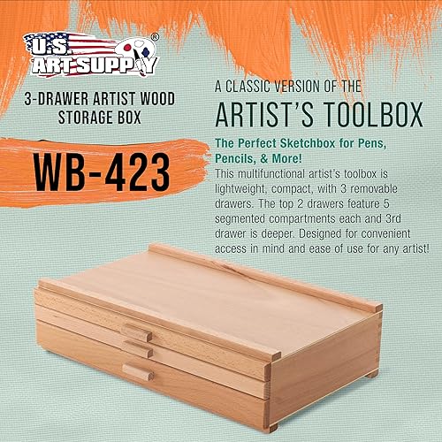 Miniatura 2 de U.S. Art Supply Caja de suministro de herramientas de artista de 3 cajones con 5 compartimentos por cajón, caja de arte de madera dura para