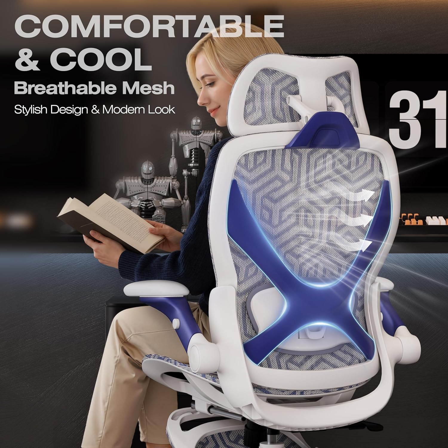 ELABEST X100 Ergonomic Mesh Office Chair with Footrest, Big and Tall Hone Desk Chair with 5D Flip-Up Arms, Adjustable 3D Lumbar Support,Gaming & Executive Computer Chairs (Cybernetic Pulse) - Image 9