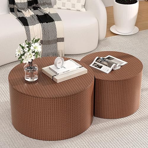 Miniatura 14 de Juego de 2 mesas de centro anidadas redondas modernas, mesa de café pequeña redonda, mesa auxiliar de travertino, mesa de centro pequeña, mesas