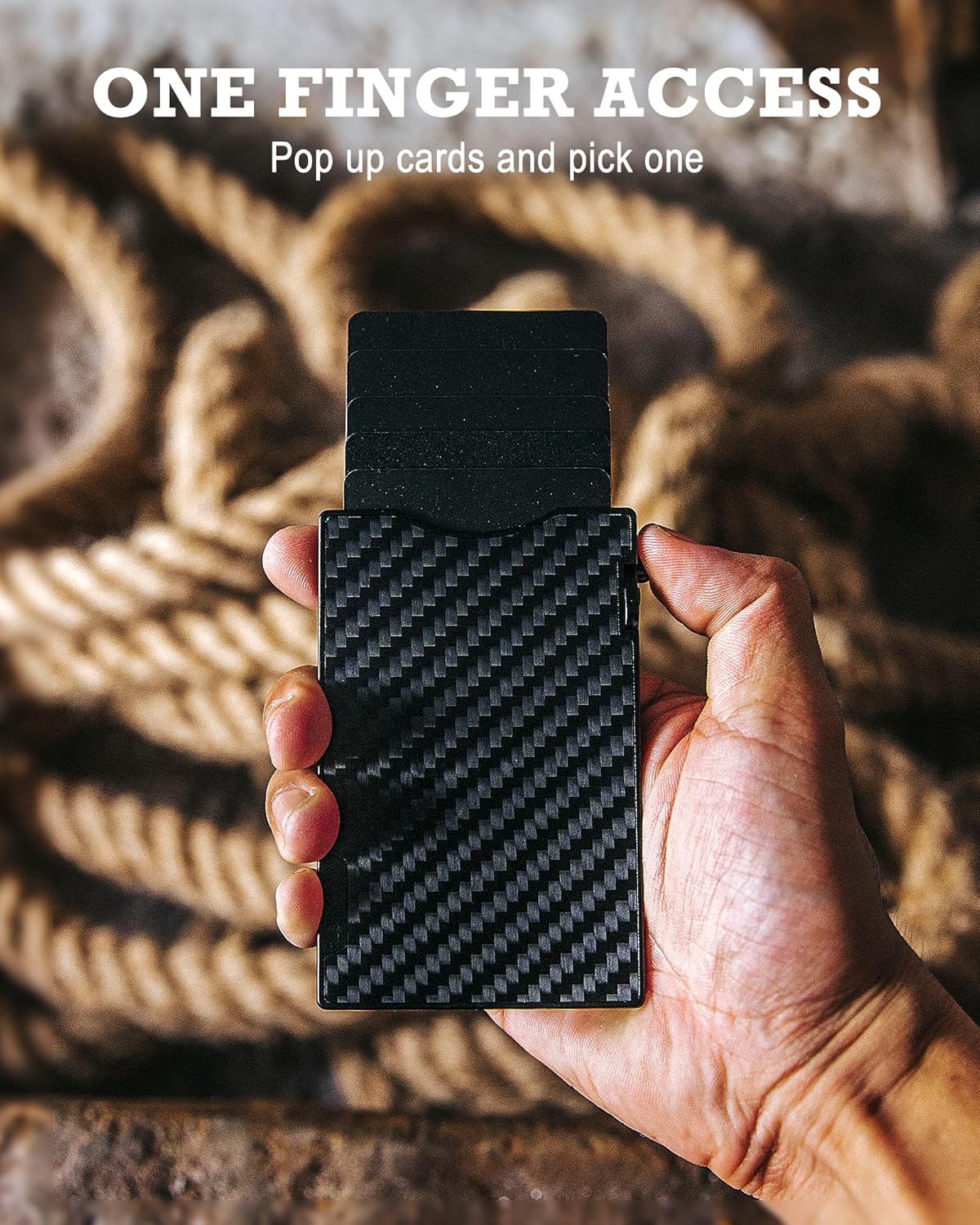 MNGARISTA Minimalist Slim Metal Wallet for Men, Pop Up Credit Card Holder with 3K Carbon Fiber Cover and Detachable Money Clip, RFID Blocking Wallet for 4-6 Cards (Black) - Image 2