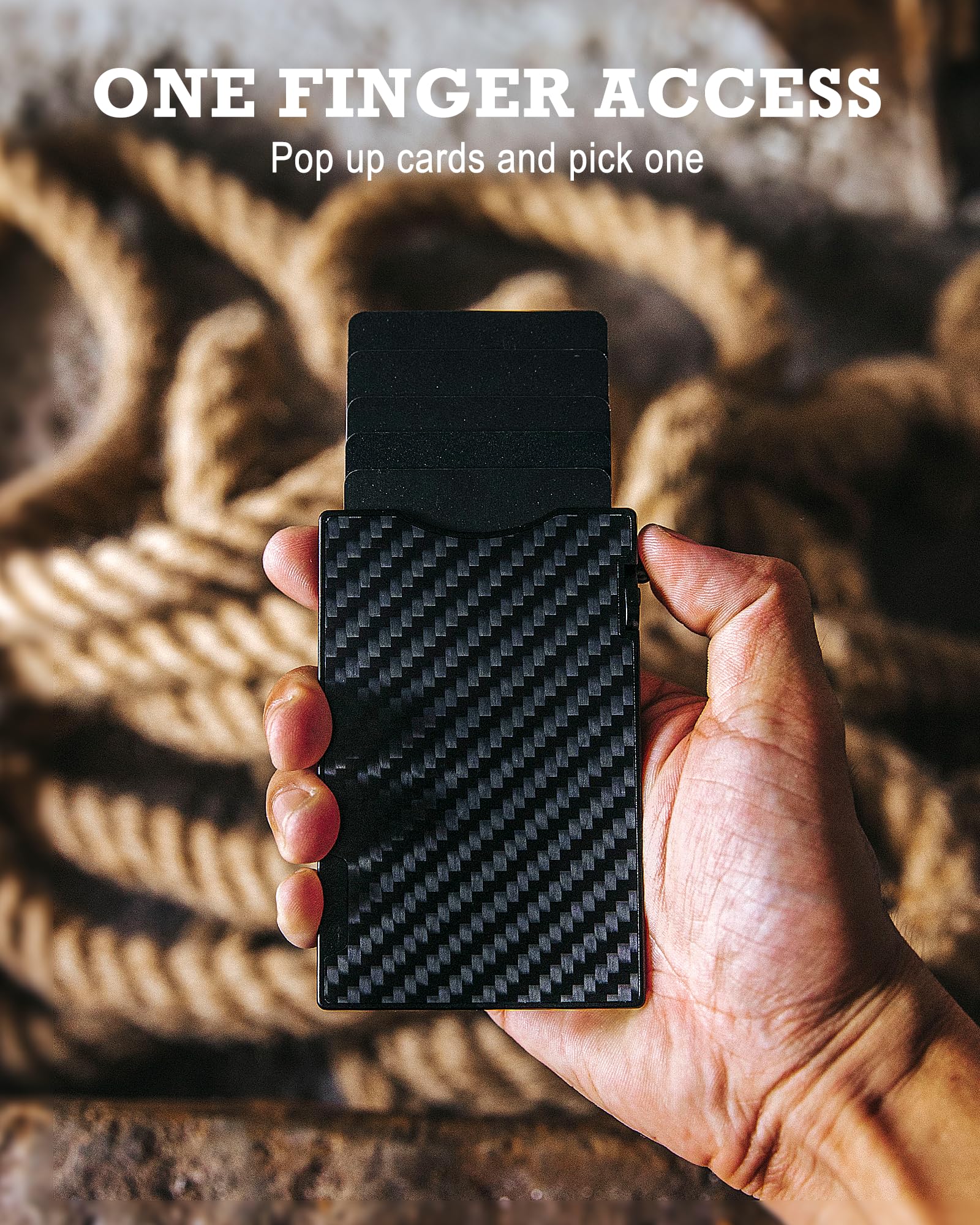 MNGARISTA Minimalist Slim Metal Wallet for Men, Pop Up Credit Card Holder with 3K Carbon Fiber Cover and Detachable Money Clip, RFID Blocking Wallet for 4-6 Cards (Black)