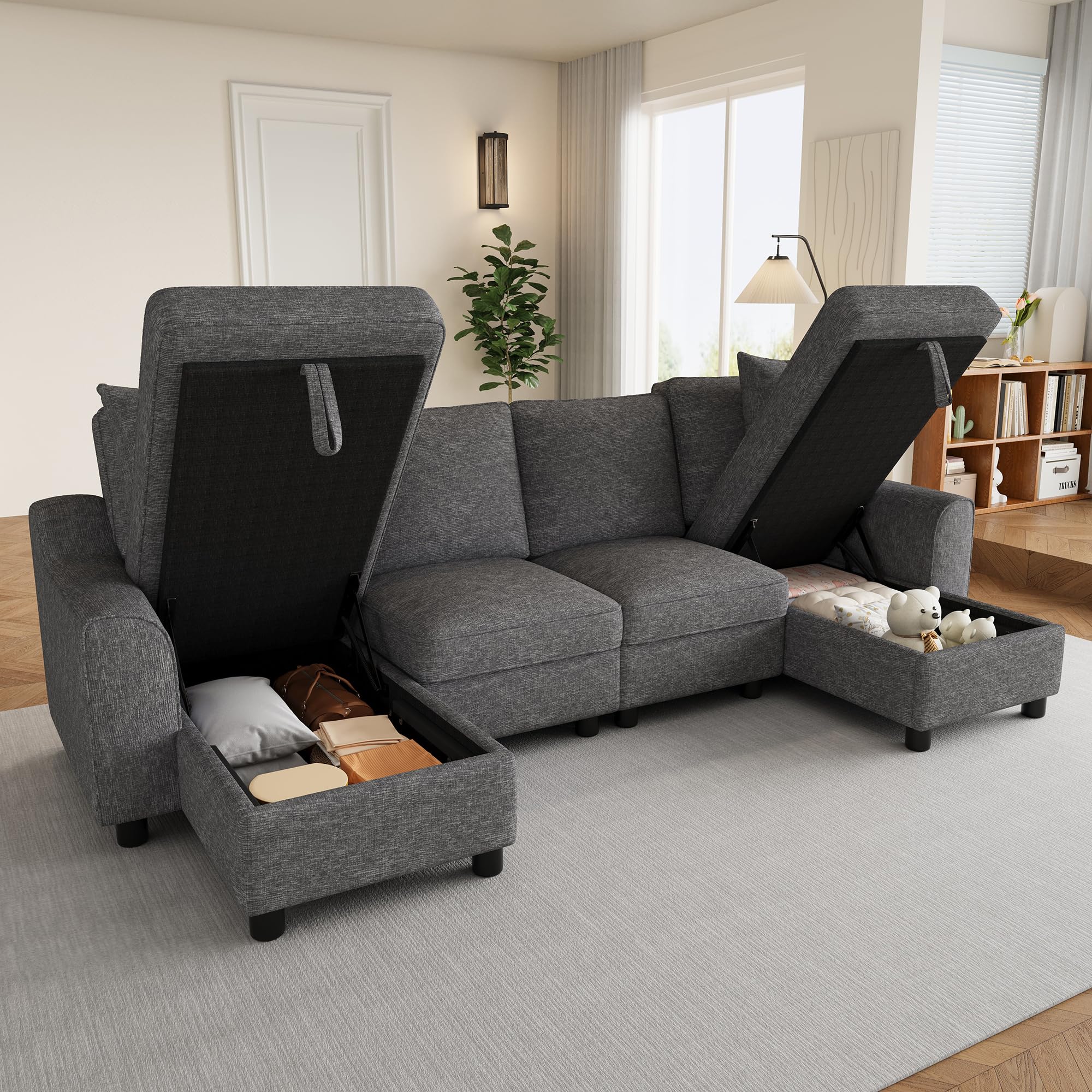 Großes Ecksofa U-Form, Chenille Wohnlandschaft mit Stauraum, Modulares Sofa mit 2 Chaiselongues und Kissen, Couchgarnitur für Wohnzimmer, Familien Sofa Grau (Grey, 4-Sitzer)