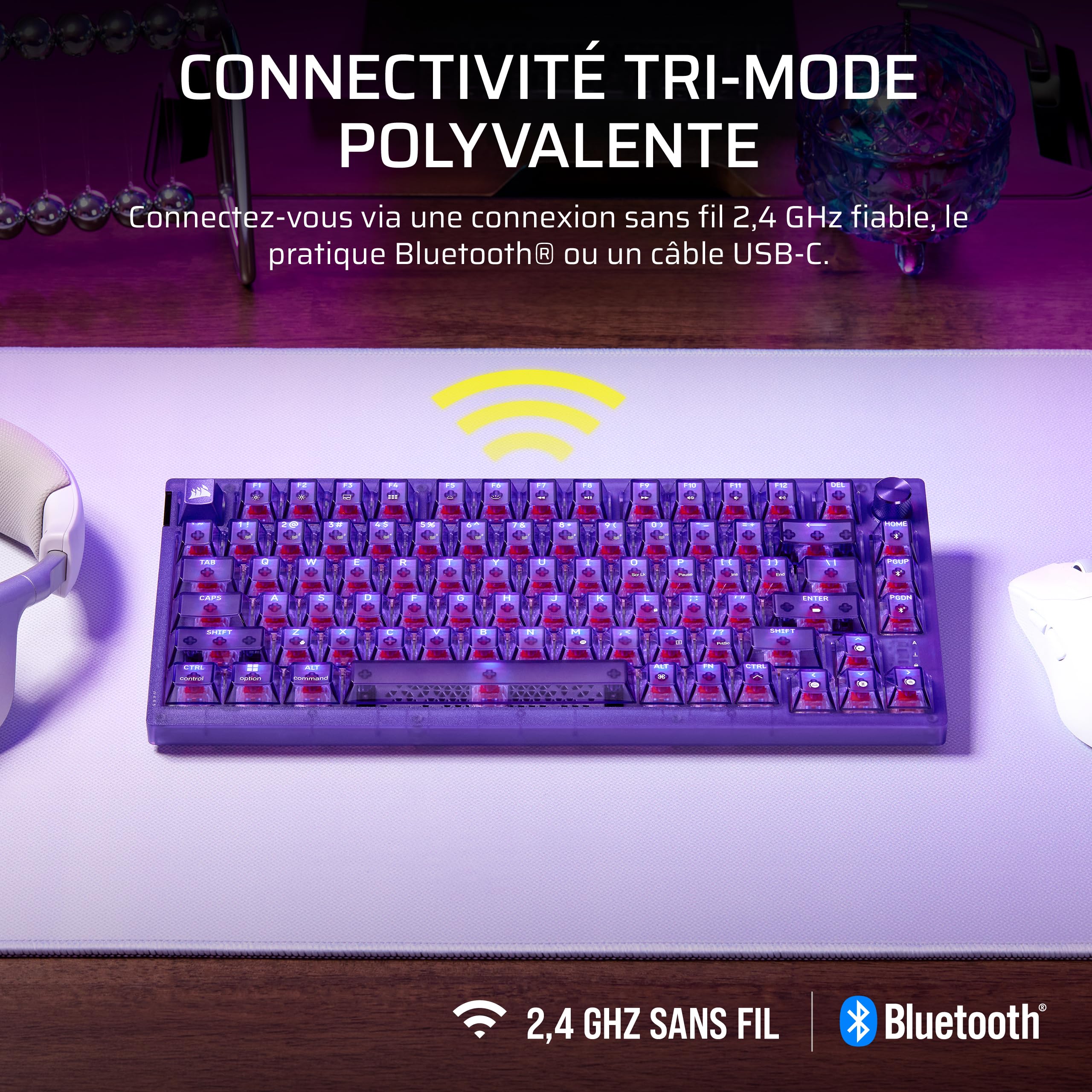 Corsair K65 Plus sans Fil 75% Gaming Clavier (AZERTY FR) – Violet Atomique | RGB, Mechanical, Commutateurs Linéaires CORSAIR MLX Red Pré-Lubrifiés, Keycaps PBT – PC, PS5, PS4, Xbox