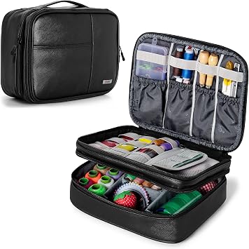 BUBM Double Layer Sewing Organizer with Detachable Dividers, Sewing Supplies Organizer for Sewing kits BAG ONLY, Medium/PU Black