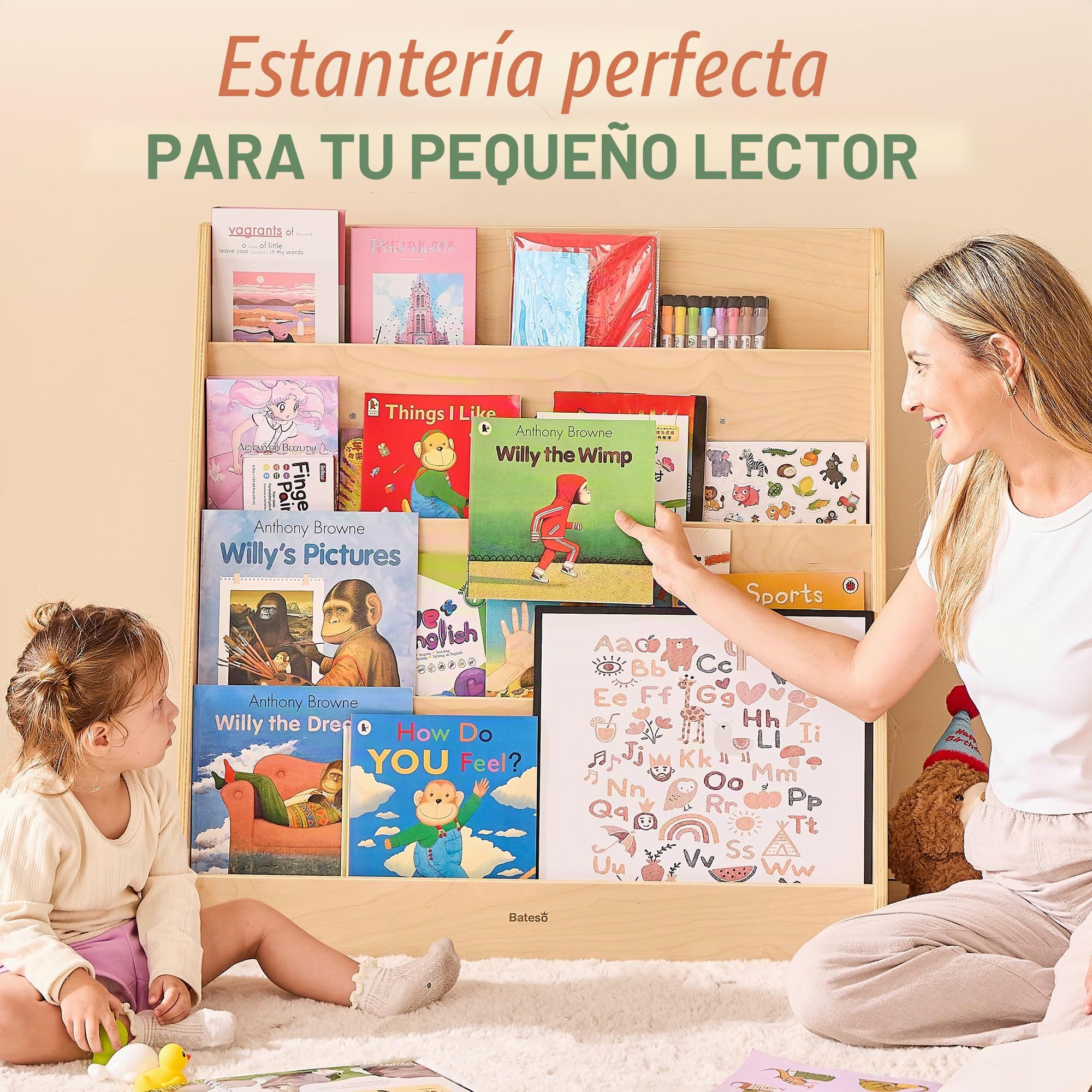 Bateso Estantería Infantil de una Cara, estantería de Madera para Libros de 4 Niveles, Soporte para revistas, Ideal para dormitorios, Salas de Juegos, oficinas, Salones, guarderías y aulas.