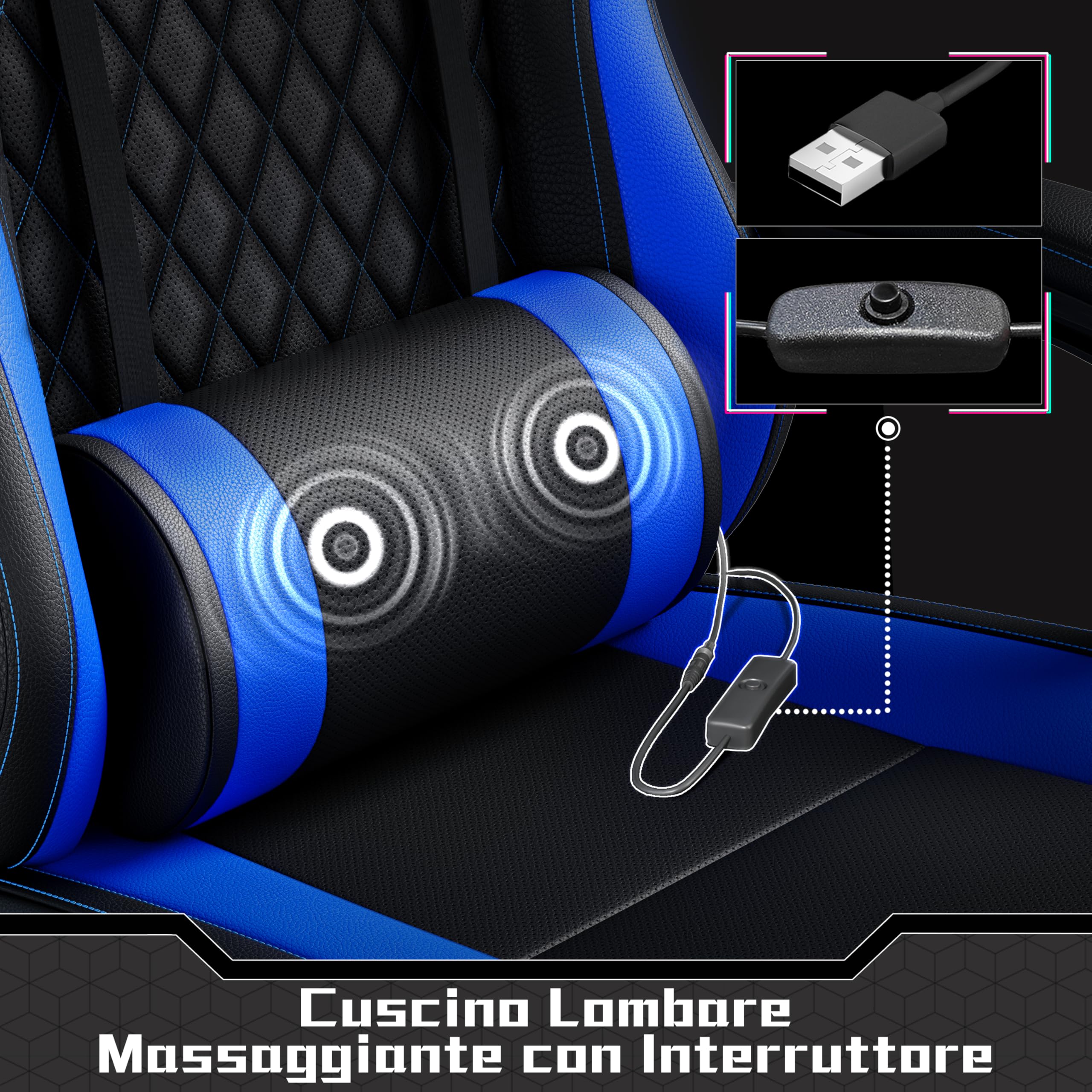 Yaheetech Sedia da Gaming Ergonomica con Cuscino Massaggio Lombare, Schienale Reclinabile e Poggiapiedi Estraibile, Sedia da Ufficio Girevole con Braccioli Imbottiti e Poggiatesta Rimovibile (Blu)