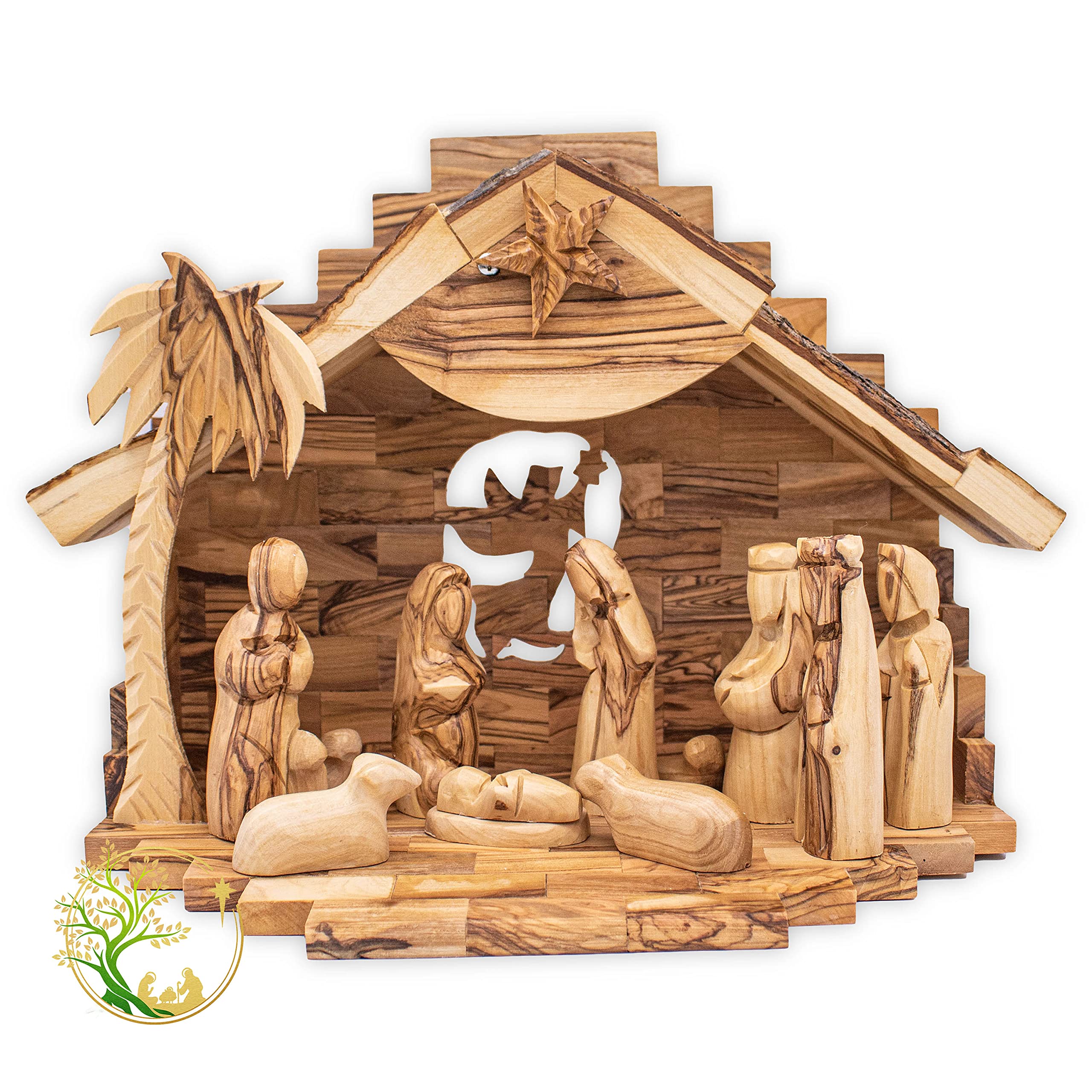 Large Wooden Nativity Set -Hand Carved Olivewood Music Box Nativity Scene from Holy Land. Christmas 