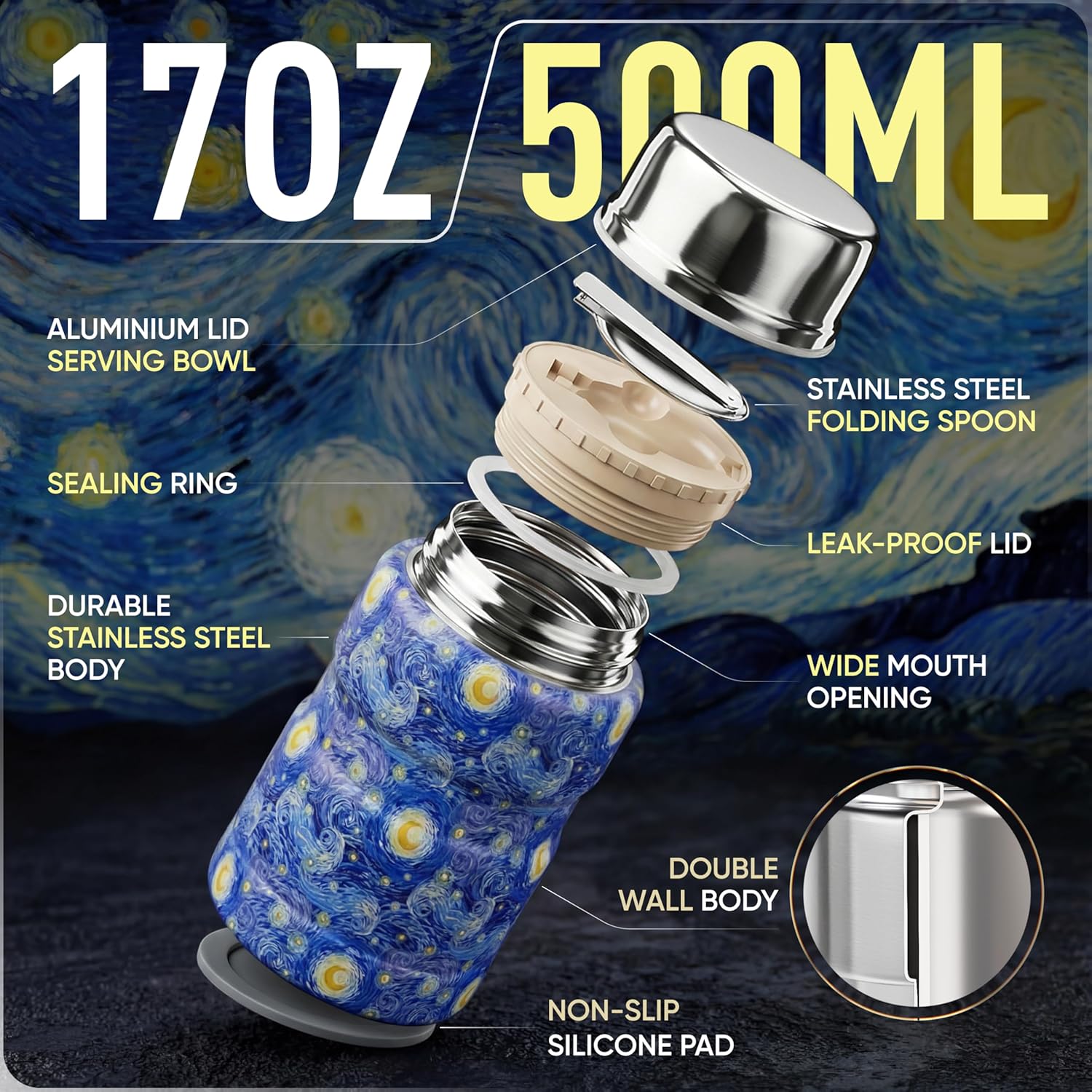 Earth&ME 17 OZ Soup Thermo for Hot & Cold Food for Kids, Vacuum Insulated Steel Lunch Container, Kids Wide Mouth Bento Thermal Food Jar, Warm Food Lunchbox Thermo Bowls with Spoon (Starry Night) - Image 2