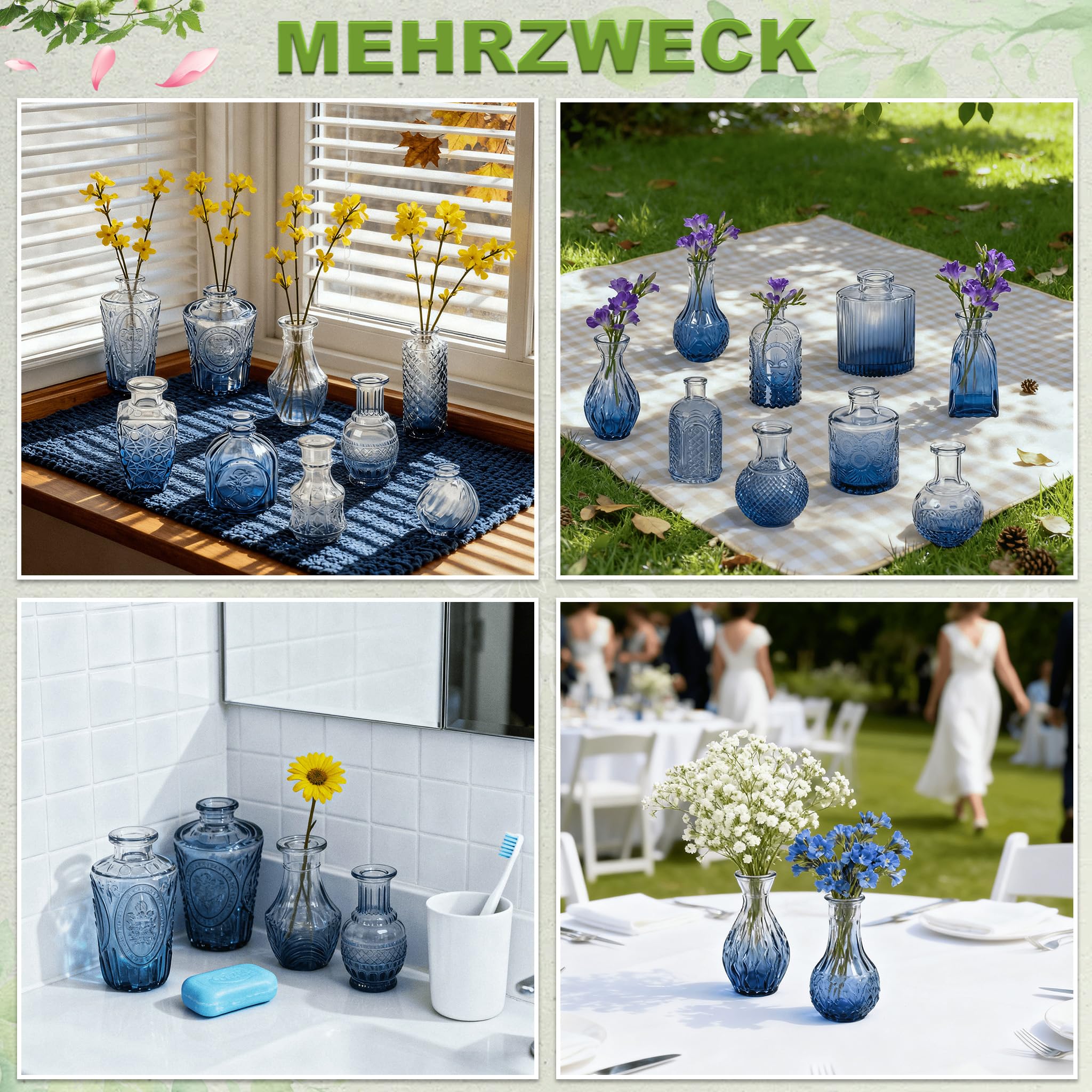 YRHome 32 Stück Kleine Vasen für Tischdeko, Glas-Budenvasen-Set Mini, kleine Glasvase, Vintage-Blumenvasen & Knospenvasen für Hochzeiten, Partys, Feierlichkeiten Verlauf Blau