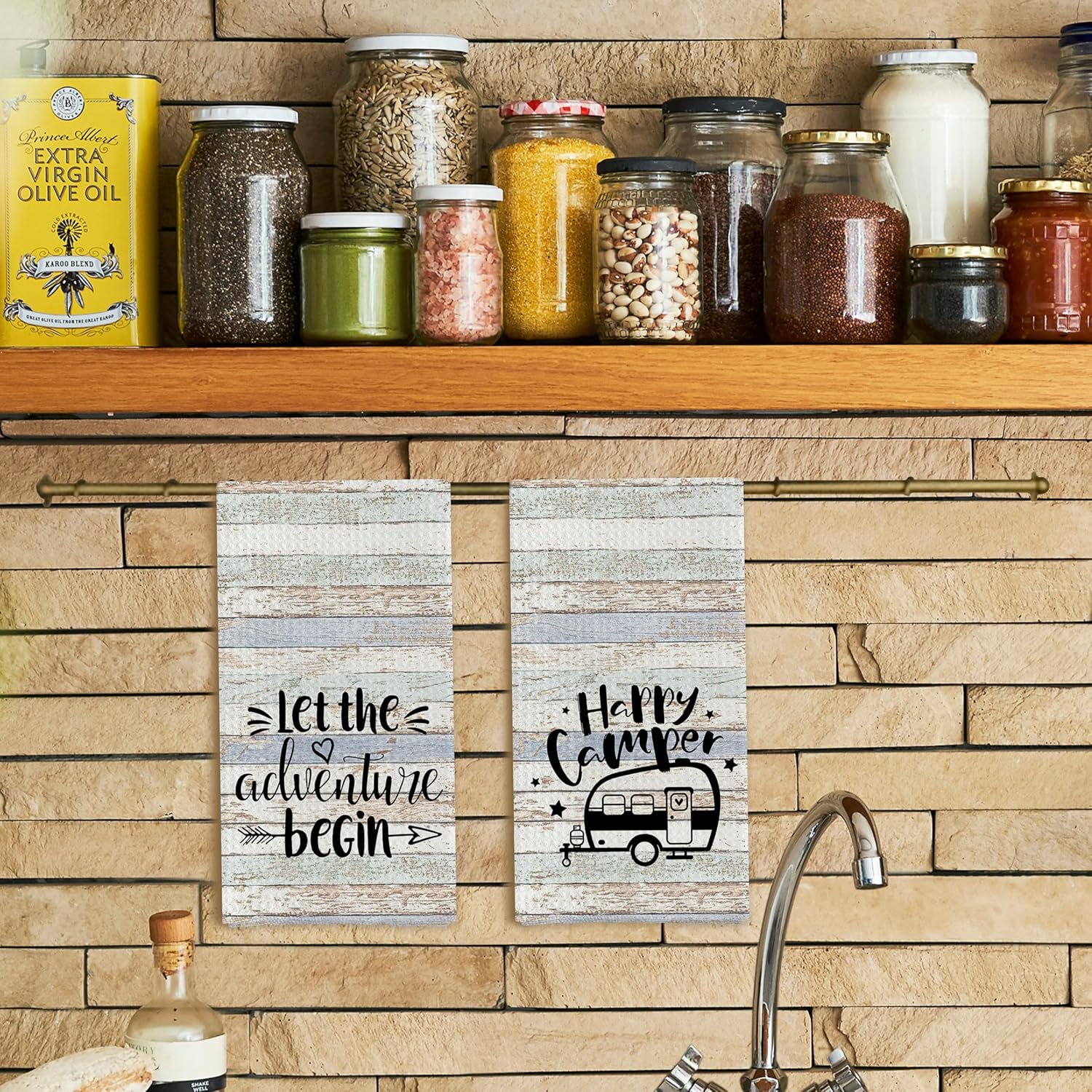 Rustic Camping Kitchen Towels Set of 2, Happy Camper Dish Towels, Hand Towels for RV, Decor and Gifts for Women, 16x24 Inch - Image 2