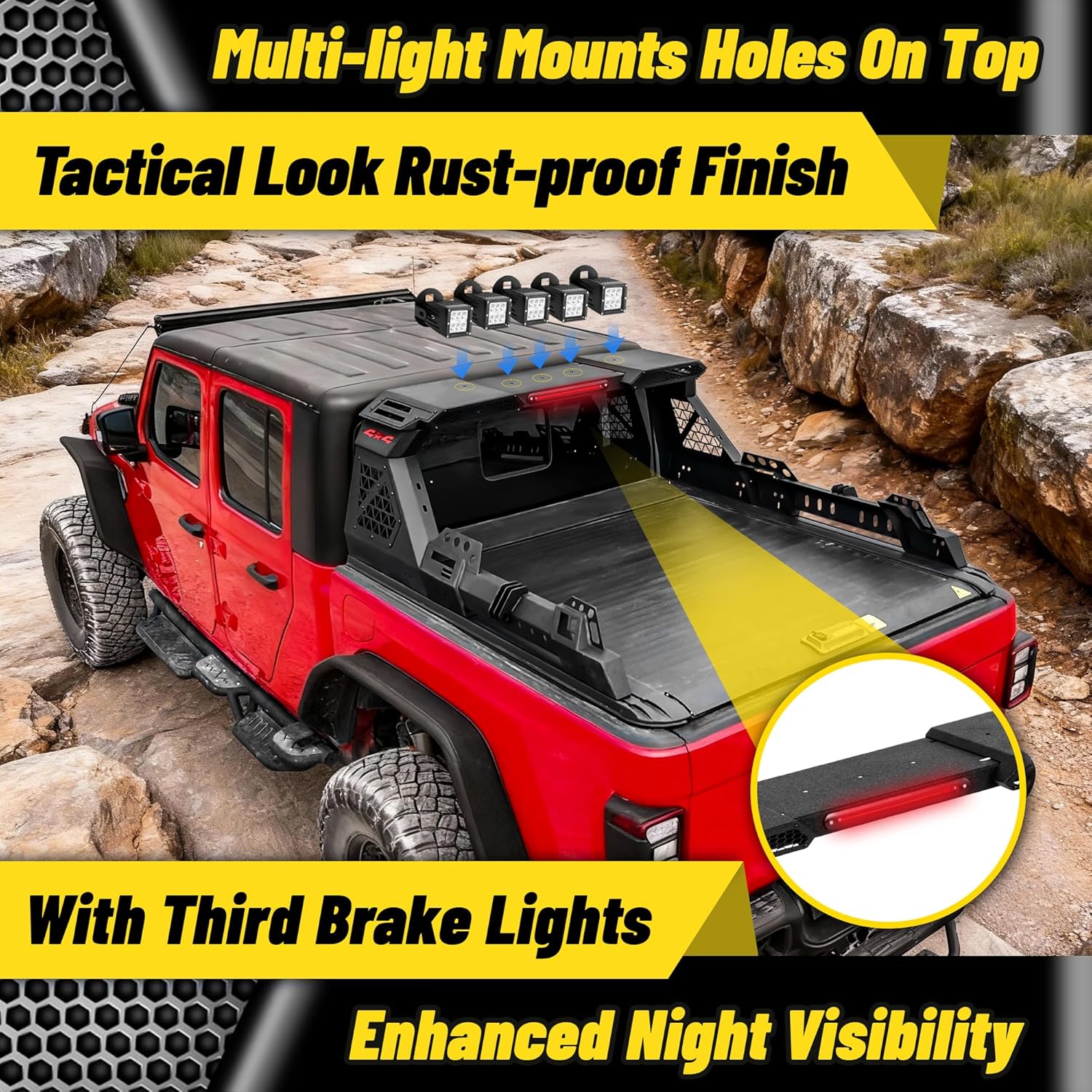 MONOKING Heavy Duty Adjustable Roll Bar with 3rd Brake Light, DIY Color Chase Rack Compatible with Tonneau Cover for 2004-2026 F150 Silverado Sierra 1500 Tundra Gladiator Tacoma, Rugged Carbon Steel