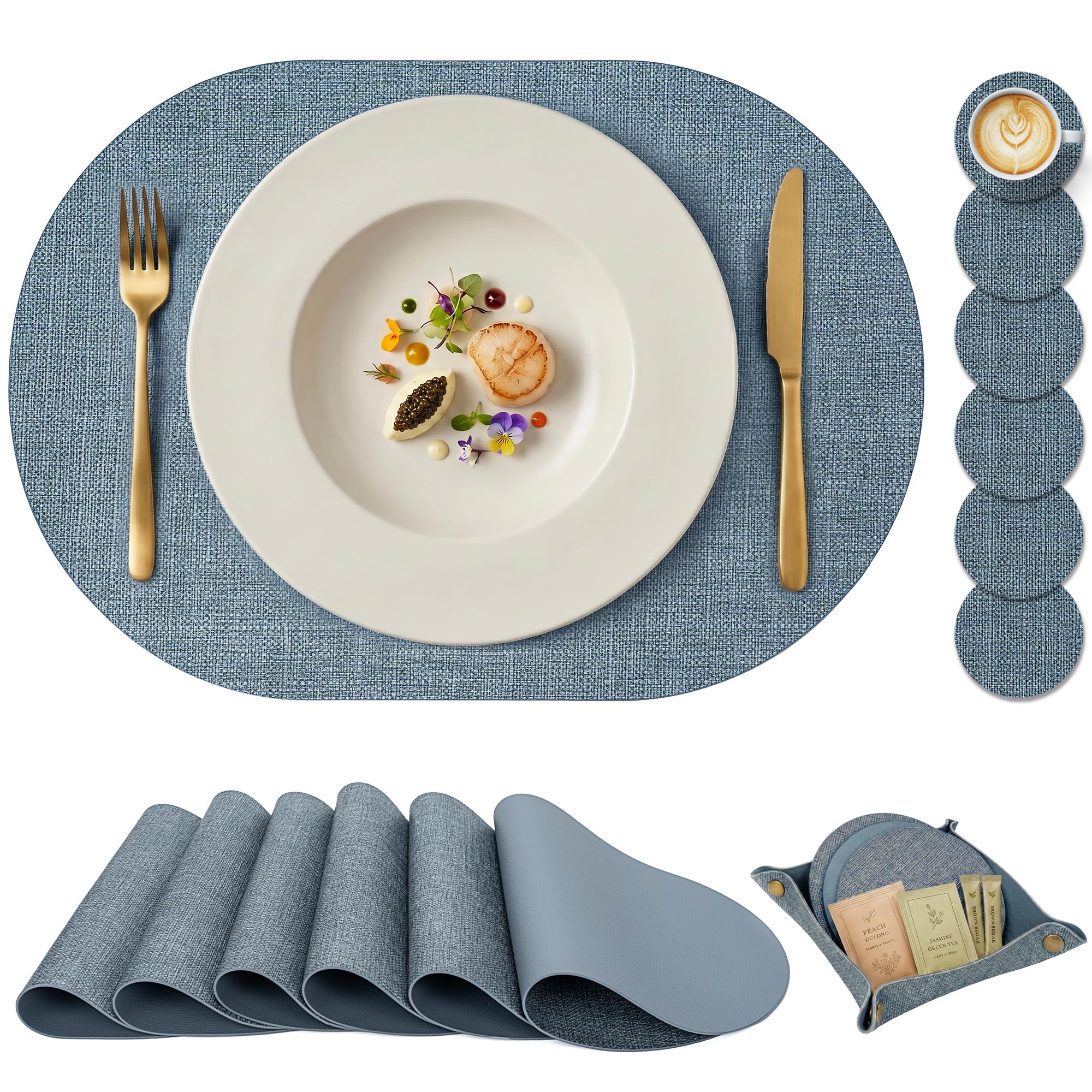 PROMATTOO Faux Leather Placemats Set of 6 with Coasters and Storage Tray, Linen Look Wipe Clean Table Mats, Water and Heat Resistant, Non Slip for Kitchen and Dining Table, 43 x 30 cm โ image 1