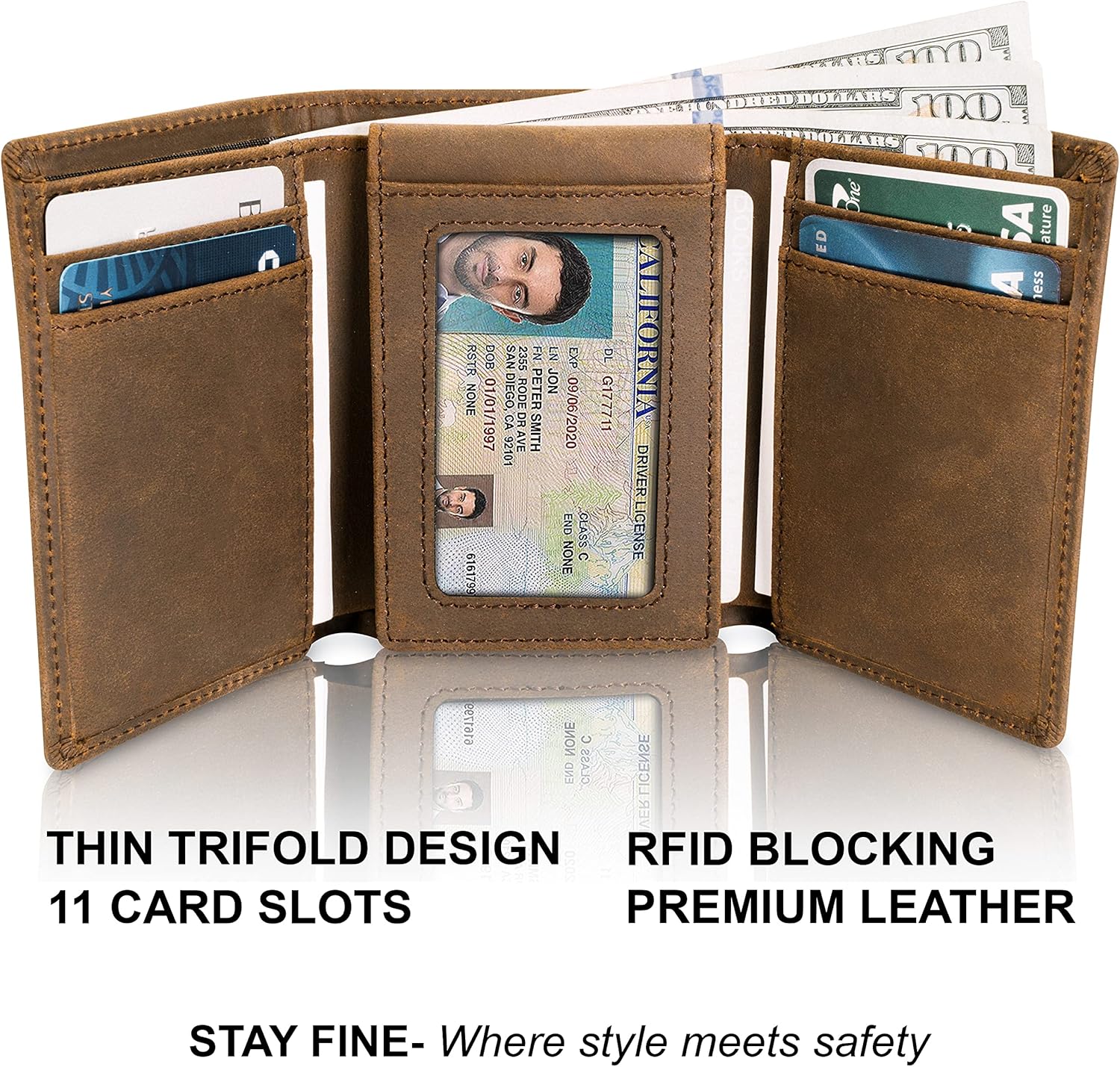 STAY FINE Men’s Leather RFID Trifold Wallet with Flip Up ID, Slim Extra Capacity Card Holder, Gift Ready, Brown - Image 2