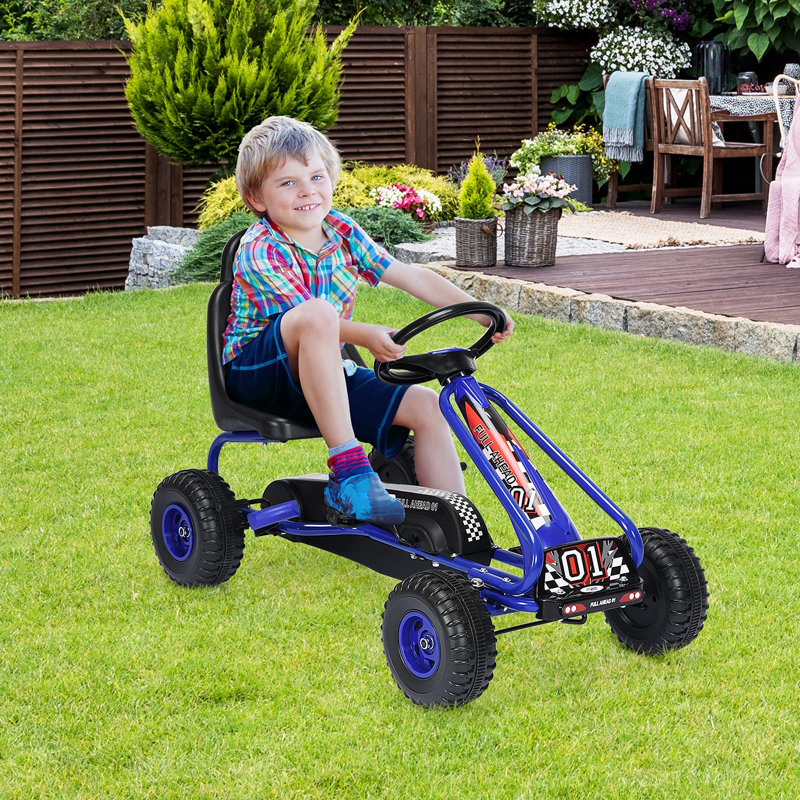 GOPLUS Go-Kart pour Enfant 3-6 Ans,Kart à Pédales Extérieur avec Siège Réglable sur 2 Positions, Frein à Main, Pneus,Go-Kart pour Garçons et Filles, 86 x 50 x 55CM (Bleu)