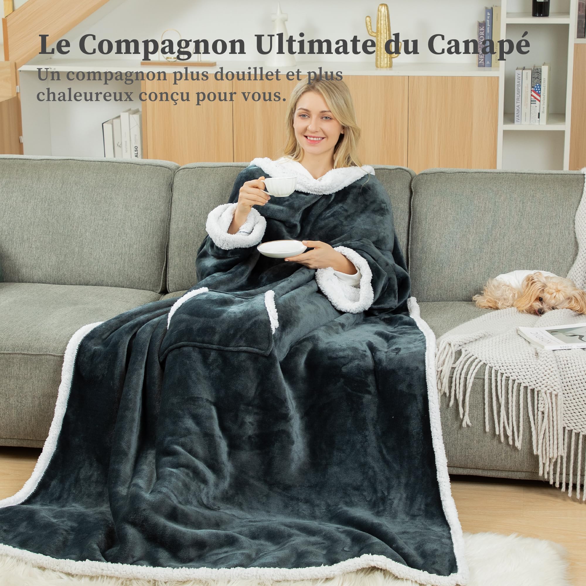 Winthome Couverture Polaire avec Manche et Sac de Pied, Couverture Chaude avec Velcro, Plaid Canape pour Cadeaux, Hiver, Plaid avec Manche, Économies de Coûts de Chauffage