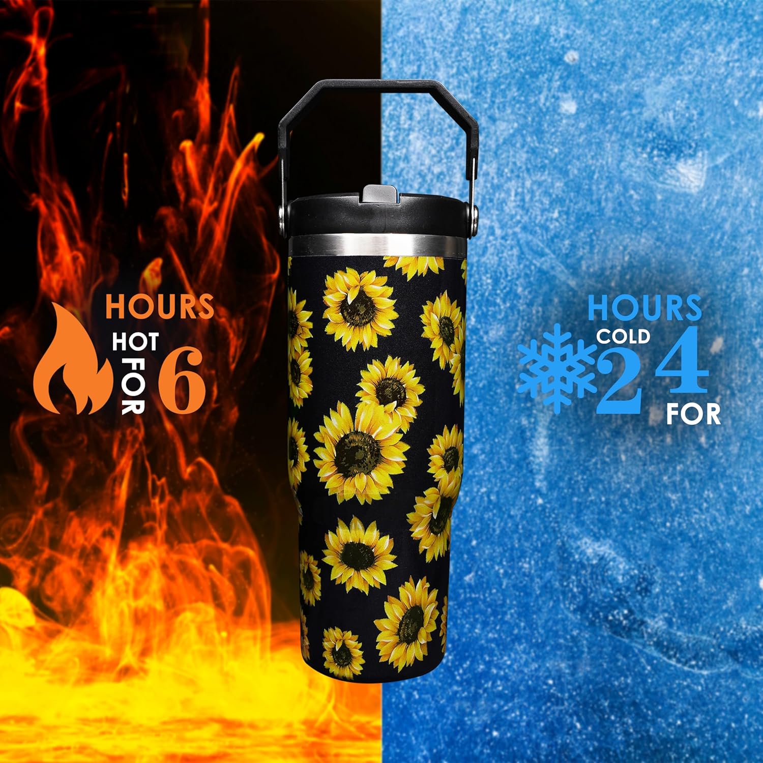 30 oz Flip Straw Tumbler with Top Handle Resuable Vacuum Insulated Flip Top Water bottle for Home Office Car Dishwasher Safe, Sunflower - Image 5