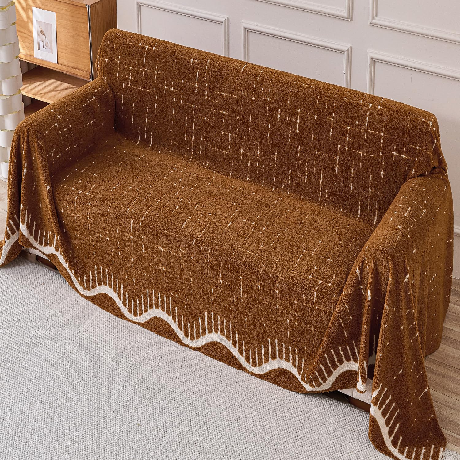 HOKIPO Plush Sofa Cover Throw for 2 Seater | Soft Sofa Throw for Complete Sofa Protection, 'Supple Soft Wavy' Brown (180x250 cm) (AR-6526-BRN)-image-43