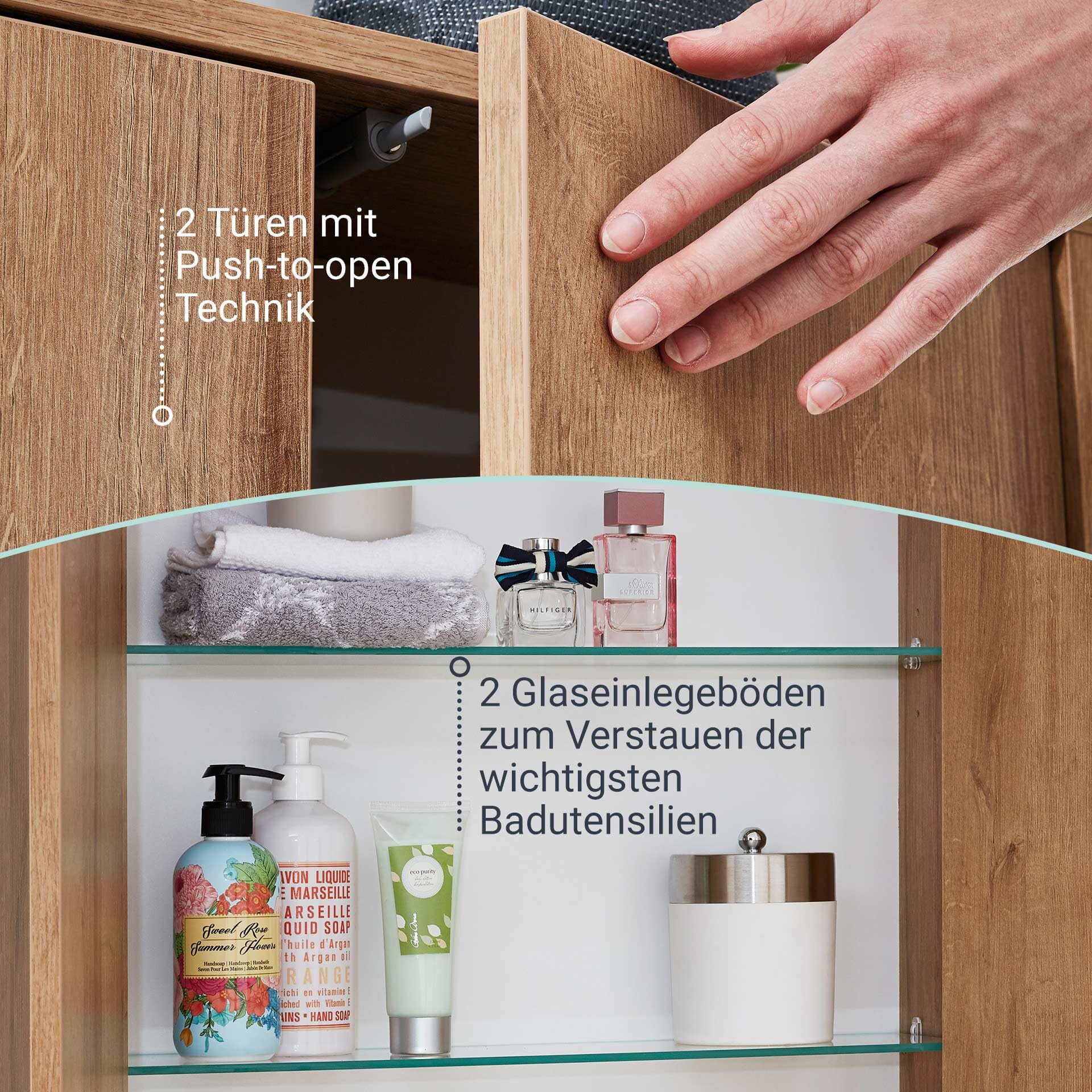 BadeDu Minho Hängeschrank – 60 cm in AST-Eiche Optik, Moderner skandinavischer Stil, 2 Türen mit 2 Glaseinlegeböden, Made in Germany