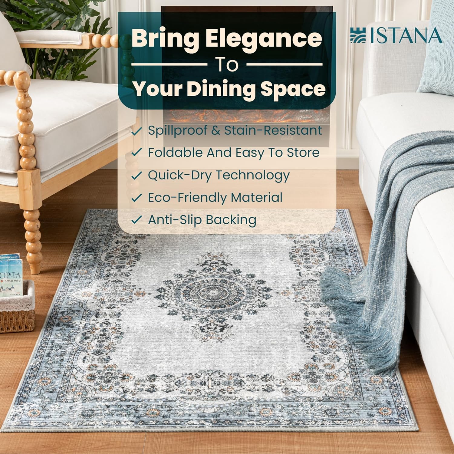 Istana 3x5 Area Rug - Blue Modern Rugs for Living Room 3x5 - Foldable Rugs for Bedroom/Living Room Rug - Stain Resistant Washable Rug - Eco-Friendly Small Area Rugs